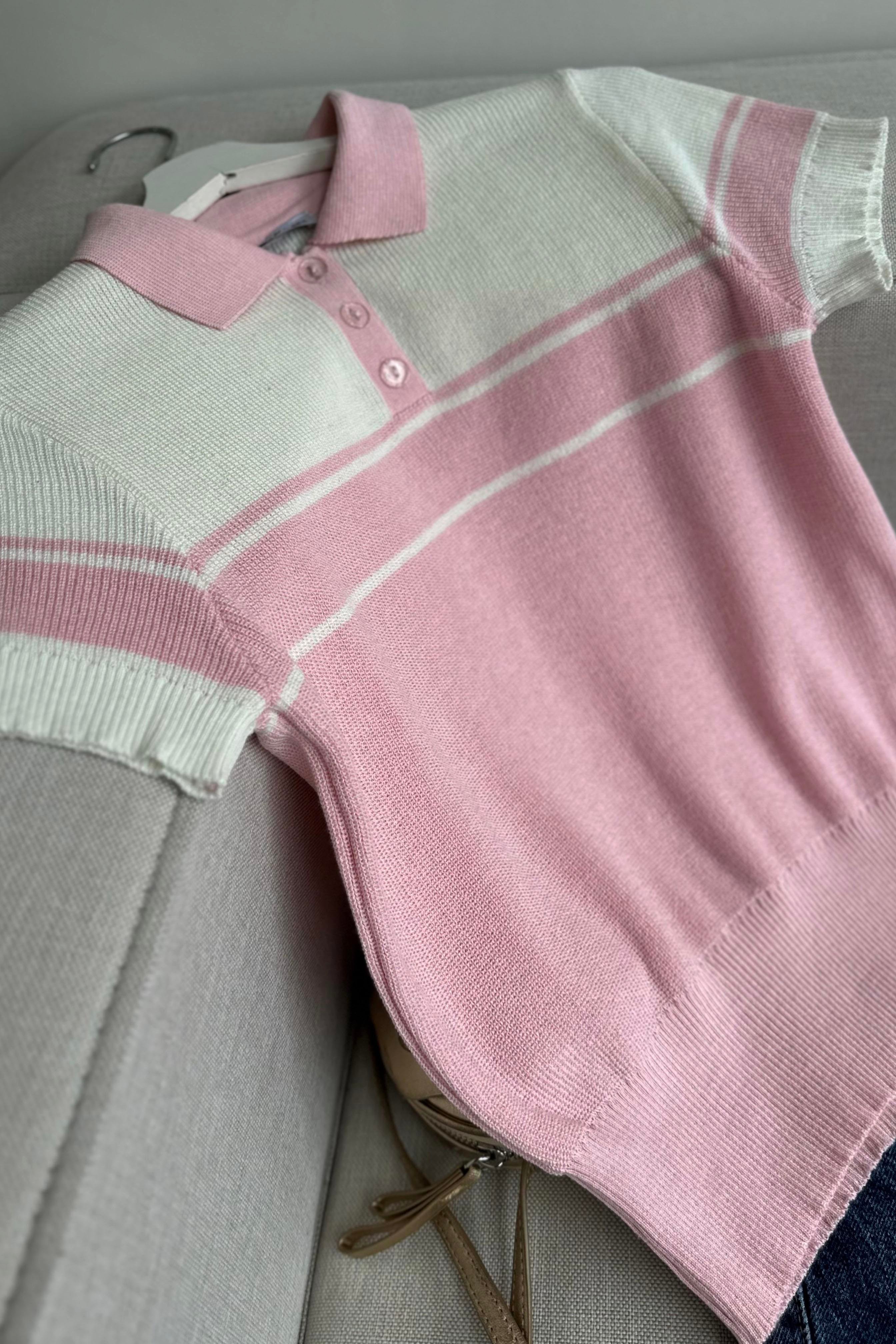 Kısa Kollu Çizgili Polo Yaka Triko Bluz Pembe