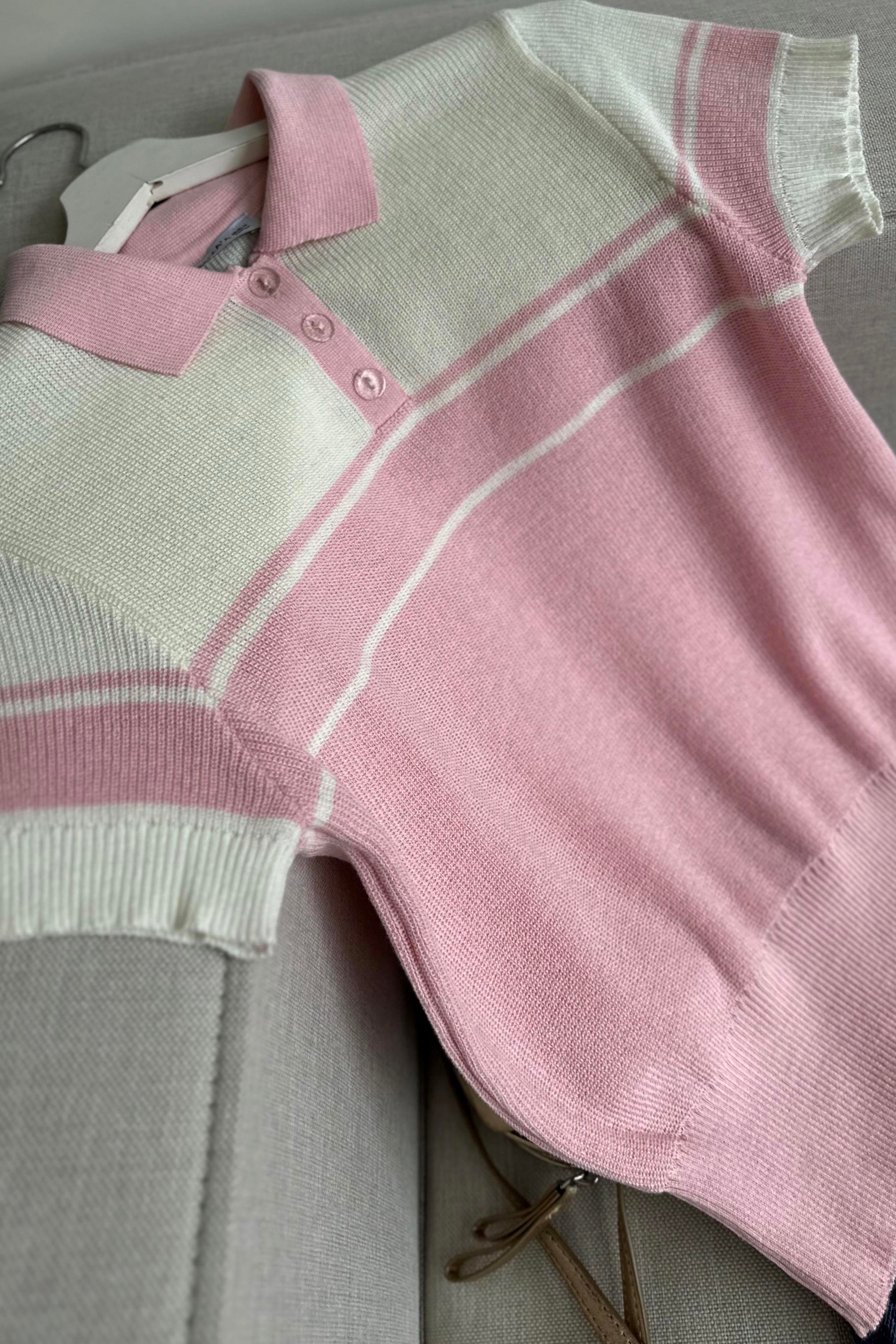Kısa Kollu Çizgili Polo Yaka Triko Bluz Pembe