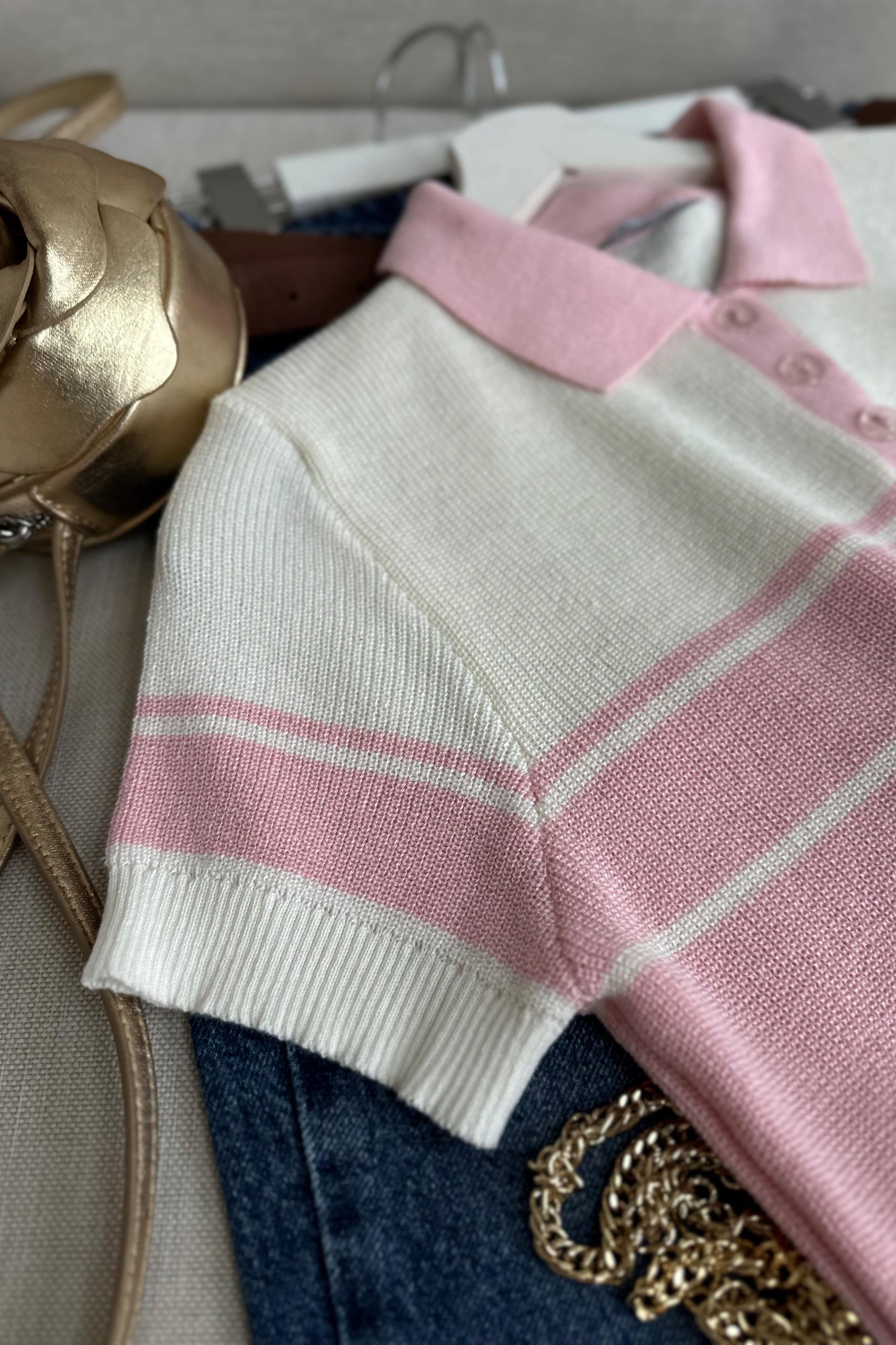 Kısa Kollu Çizgili Polo Yaka Triko Bluz Pembe