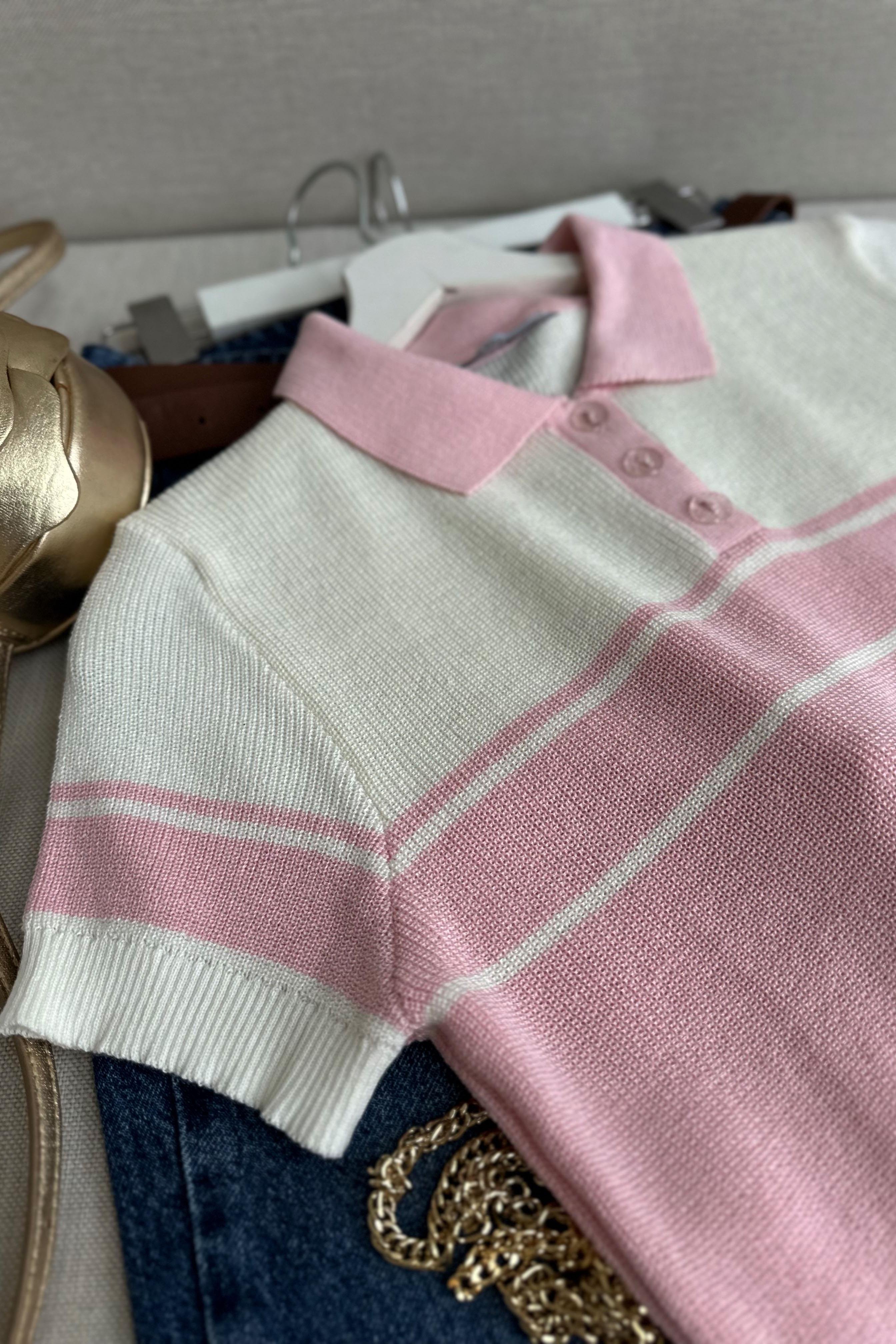 Kısa Kollu Çizgili Polo Yaka Triko Bluz Pembe