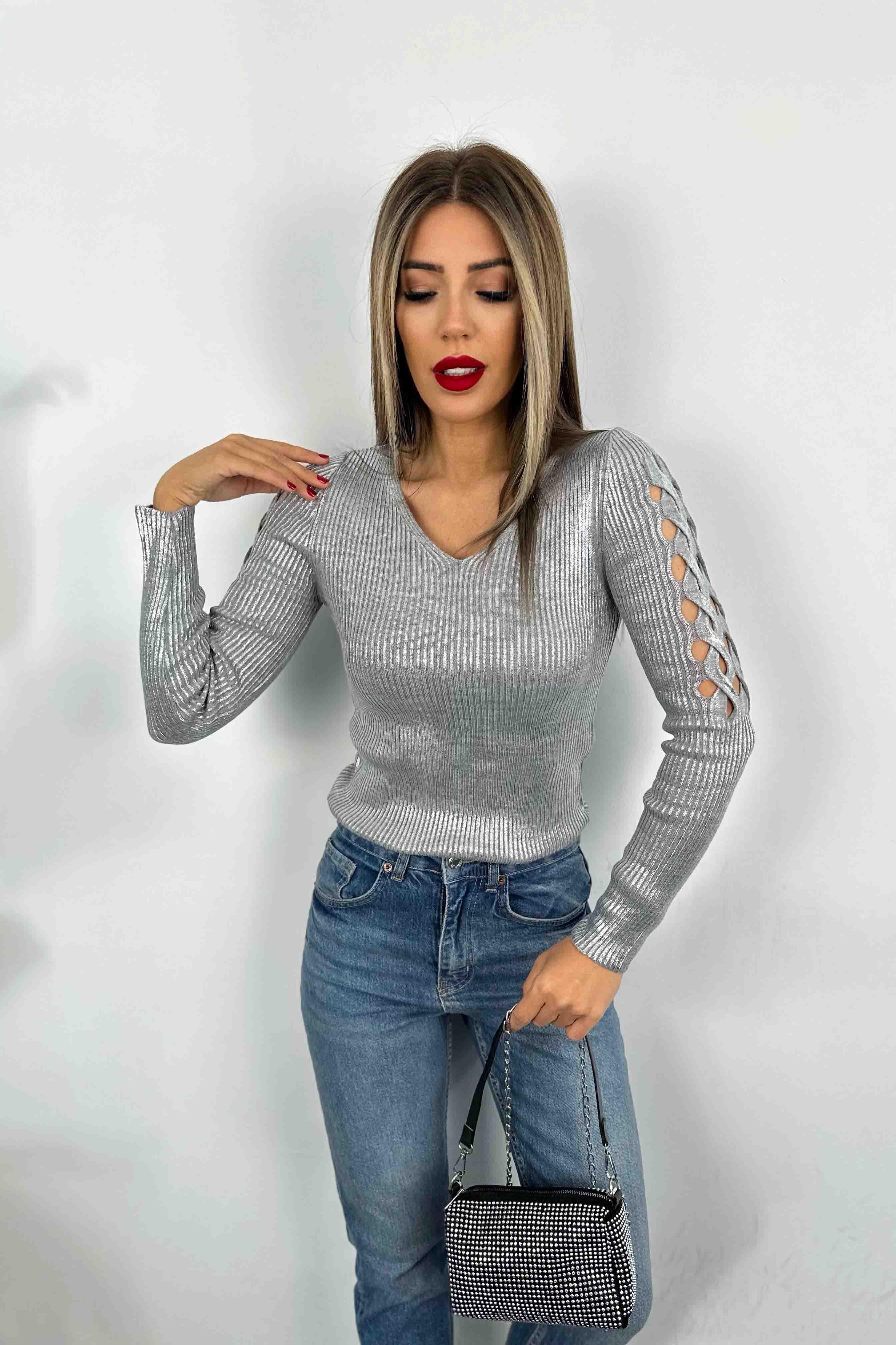 Kolları Ajur Detay Varaklı Triko Bluz Silver