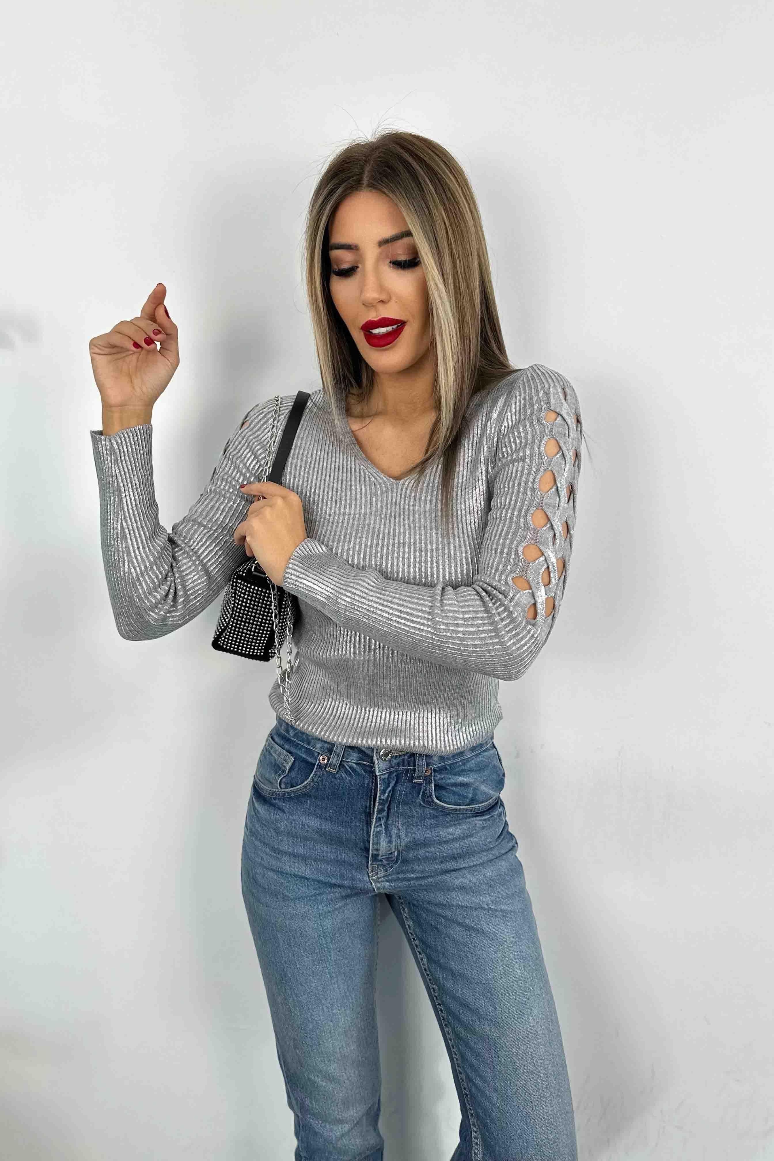Kolları Ajur Detay Varaklı Triko Bluz Silver