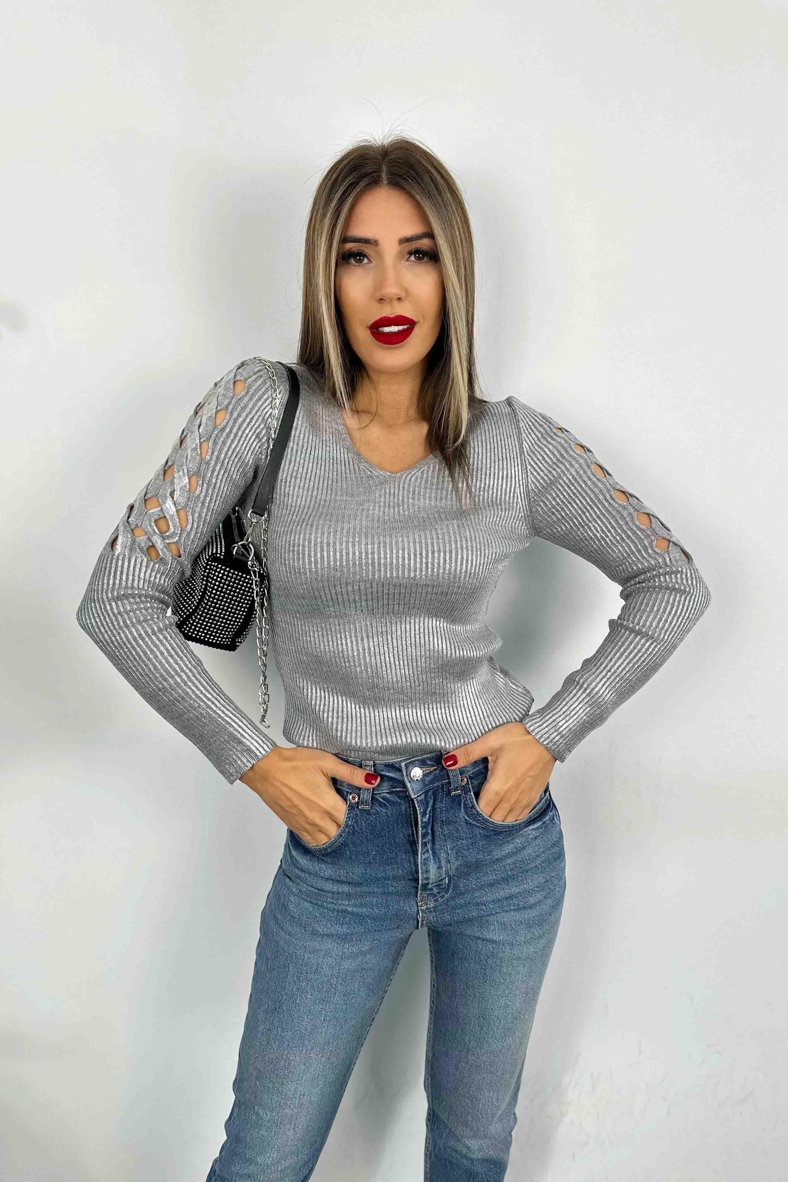 Kolları Ajur Detay Varaklı Triko Bluz Silver