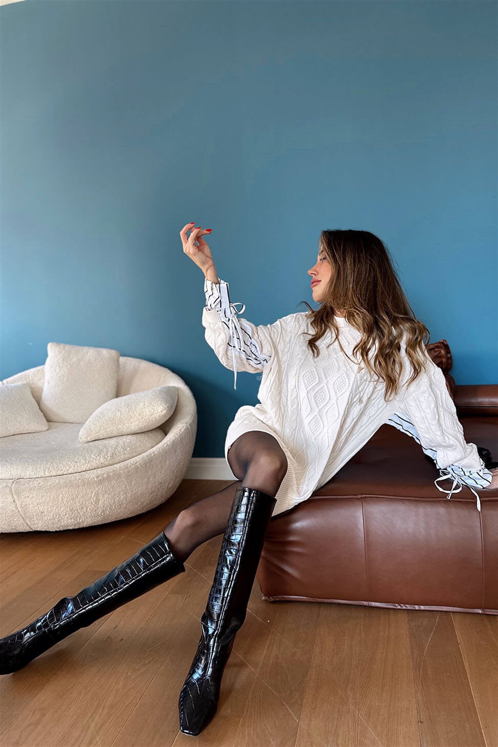 Kolları Gömlek Detay Örme Kazak Krem