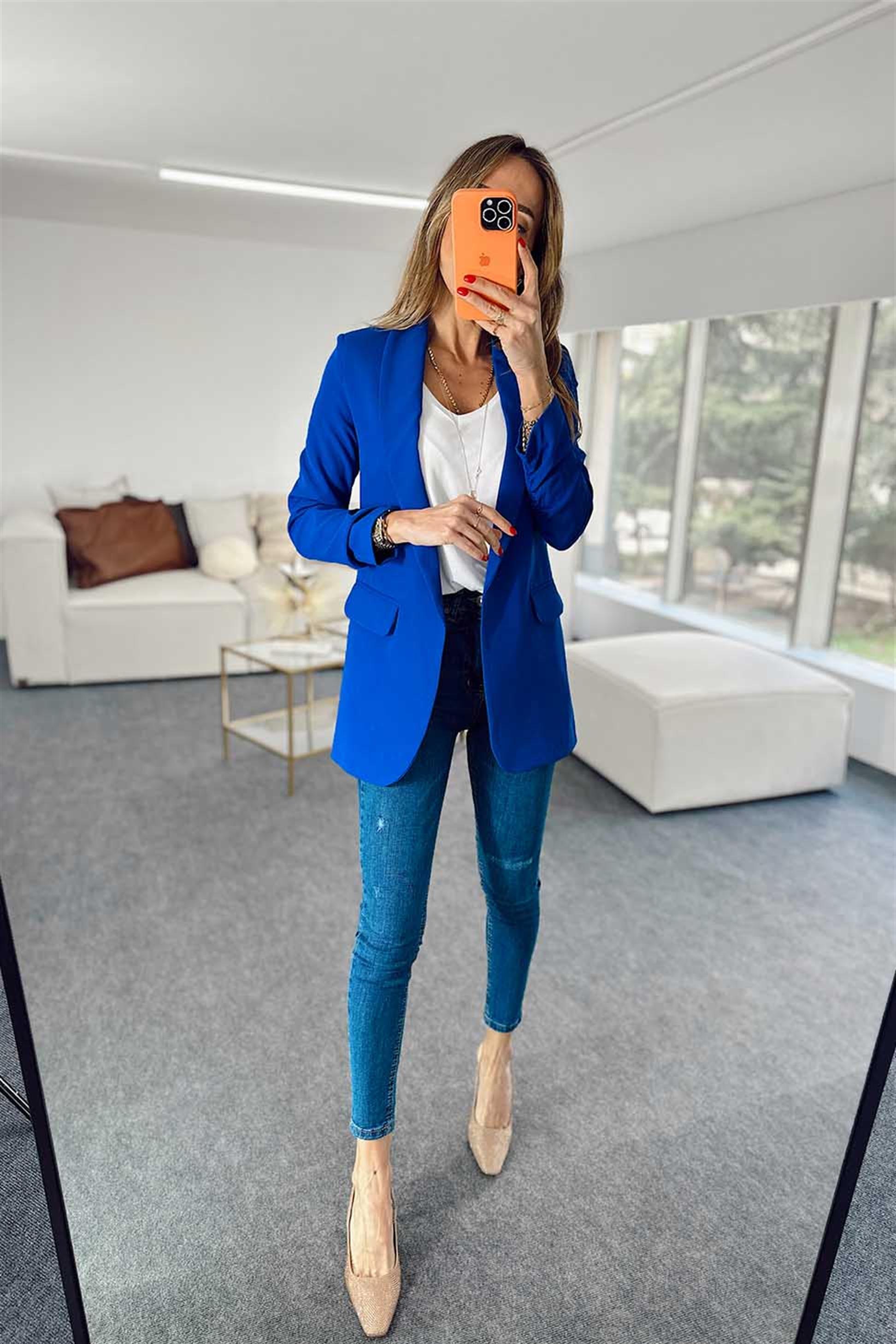 Kolu Büzgü Detay Slim Fit Blazer Ceket Mavi
