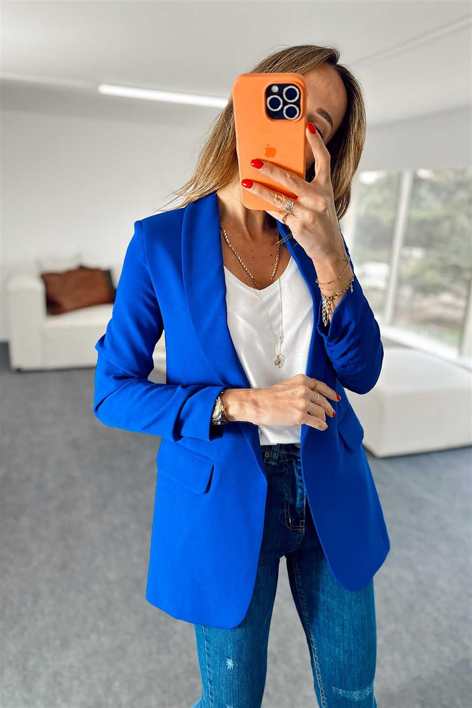 Kolu Büzgü Detay Slim Fit Blazer Ceket Mavi
