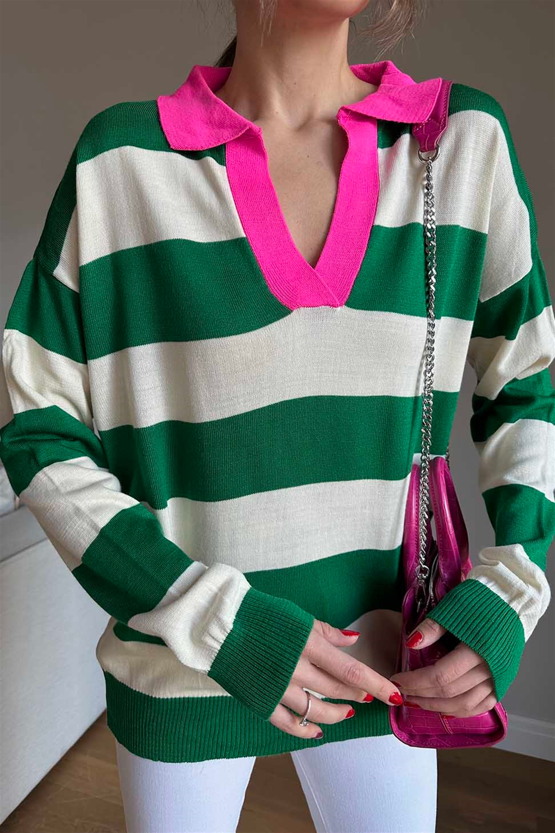 Koyu Yeşil Krem Kalın Şeritli Polo Yaka Bluz Pembe