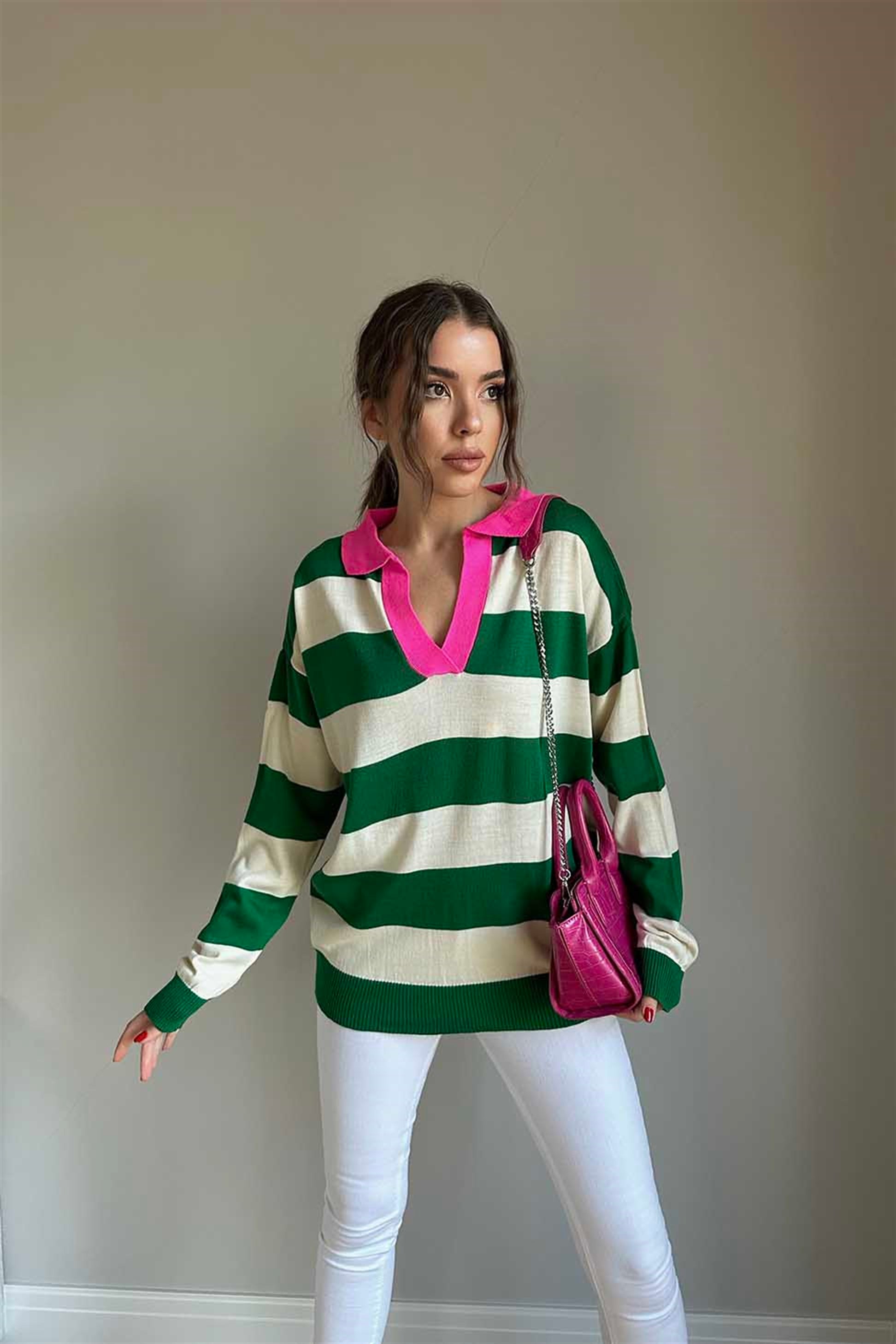 Koyu Yeşil Krem Kalın Şeritli Polo Yaka Bluz Pembe