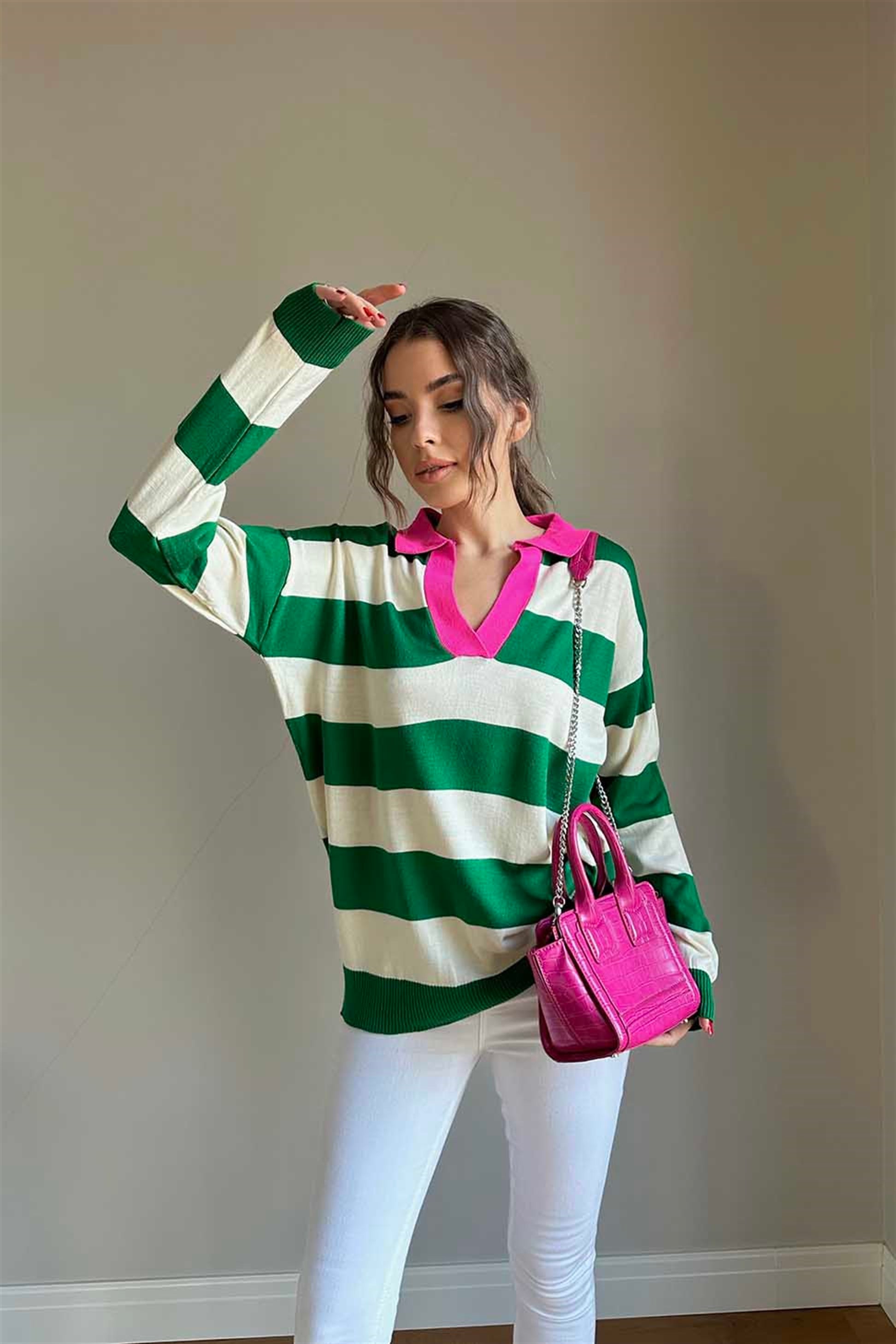 Koyu Yeşil Krem Kalın Şeritli Polo Yaka Bluz Pembe