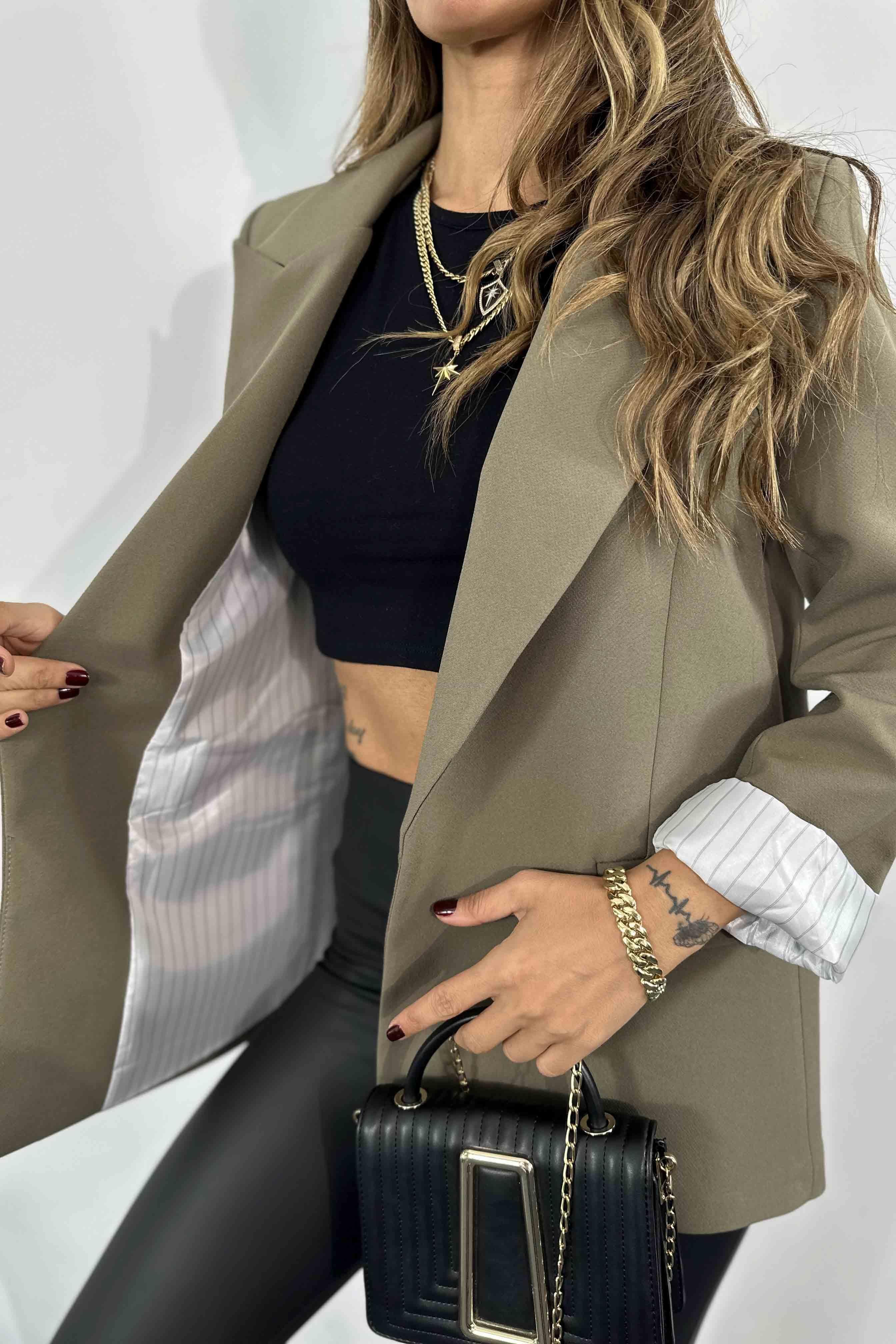 Krep Kumaş Astarlı Blazer Ceket Haki