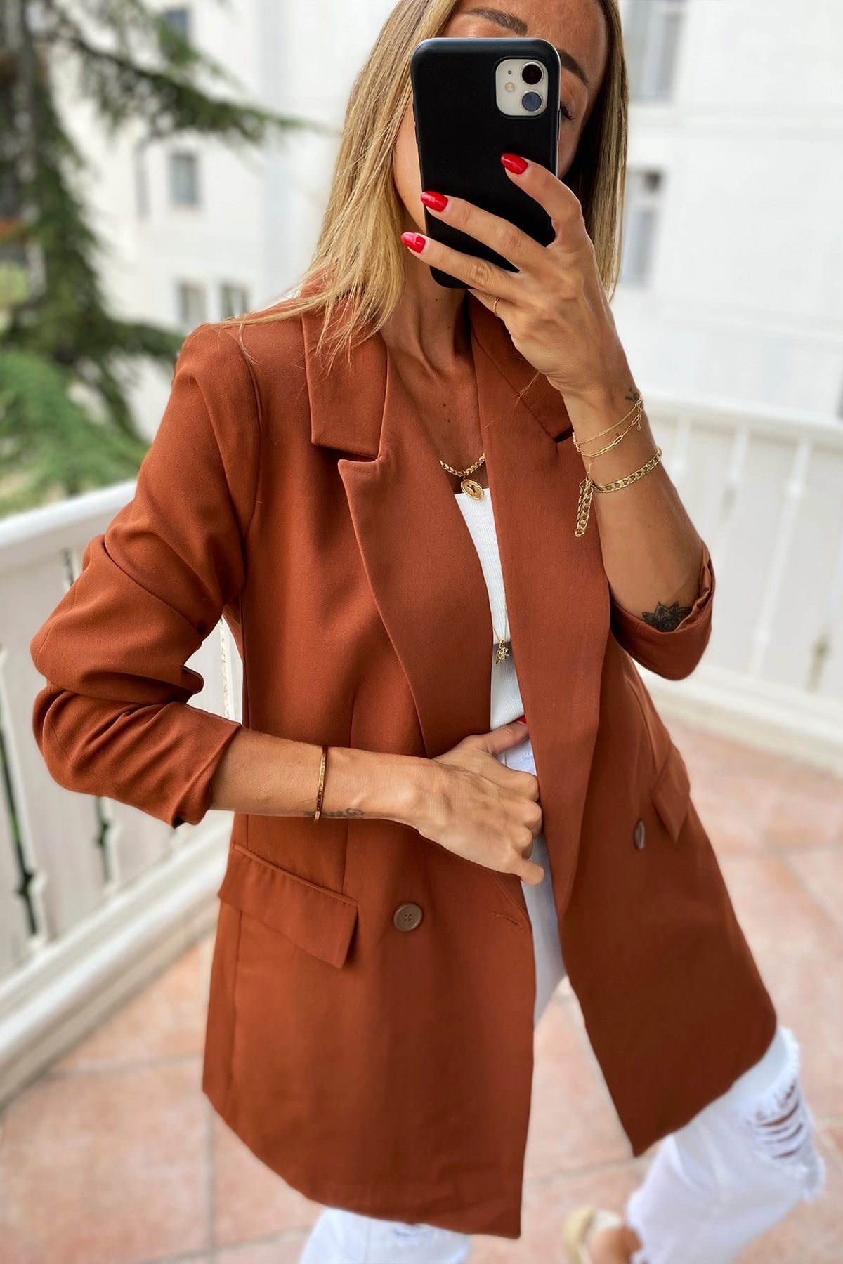 Krep Kumaş Astarlı Çift Düğme Blazer Ceket Kiremit
