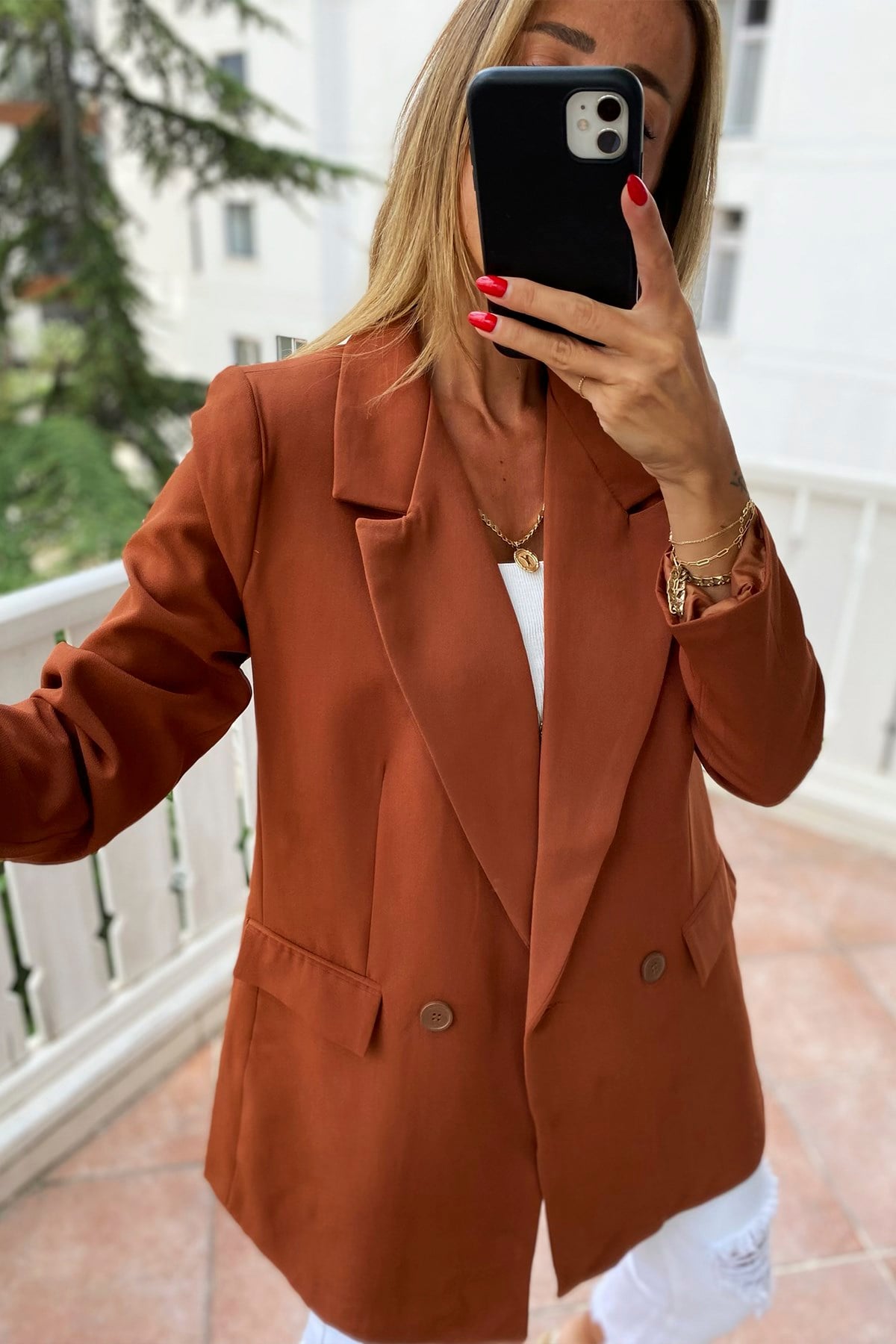 Krep Kumaş Astarlı Çift Düğme Blazer Ceket Kiremit