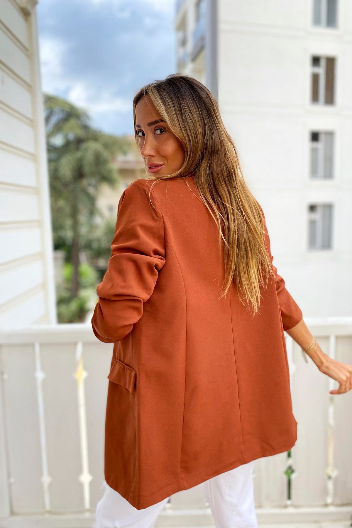 Krep Kumaş Astarlı Çift Düğme Blazer Ceket Kiremit