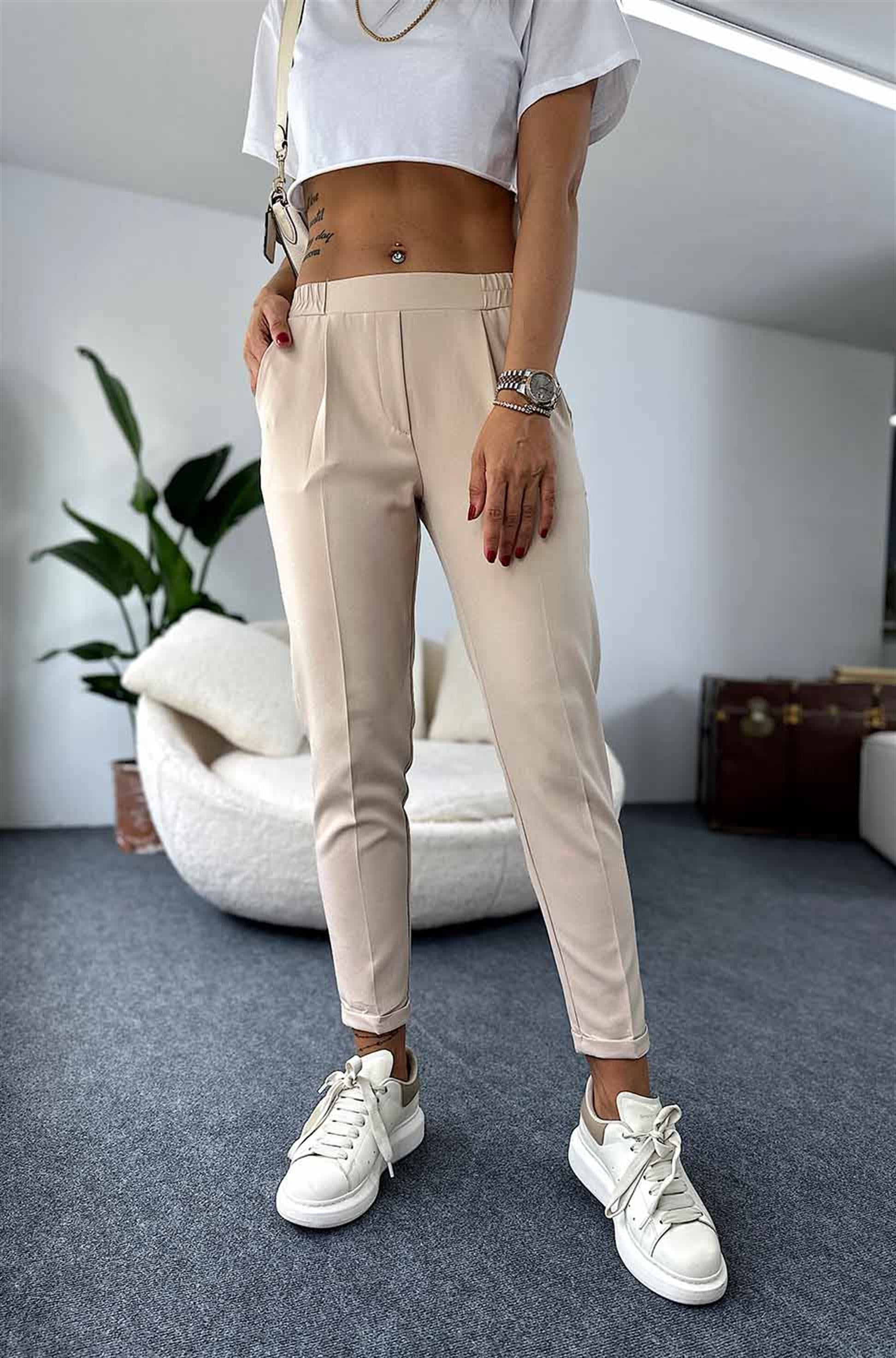 Krep Kumaş Beli Lastikli Duble Paça Pantolon Bej