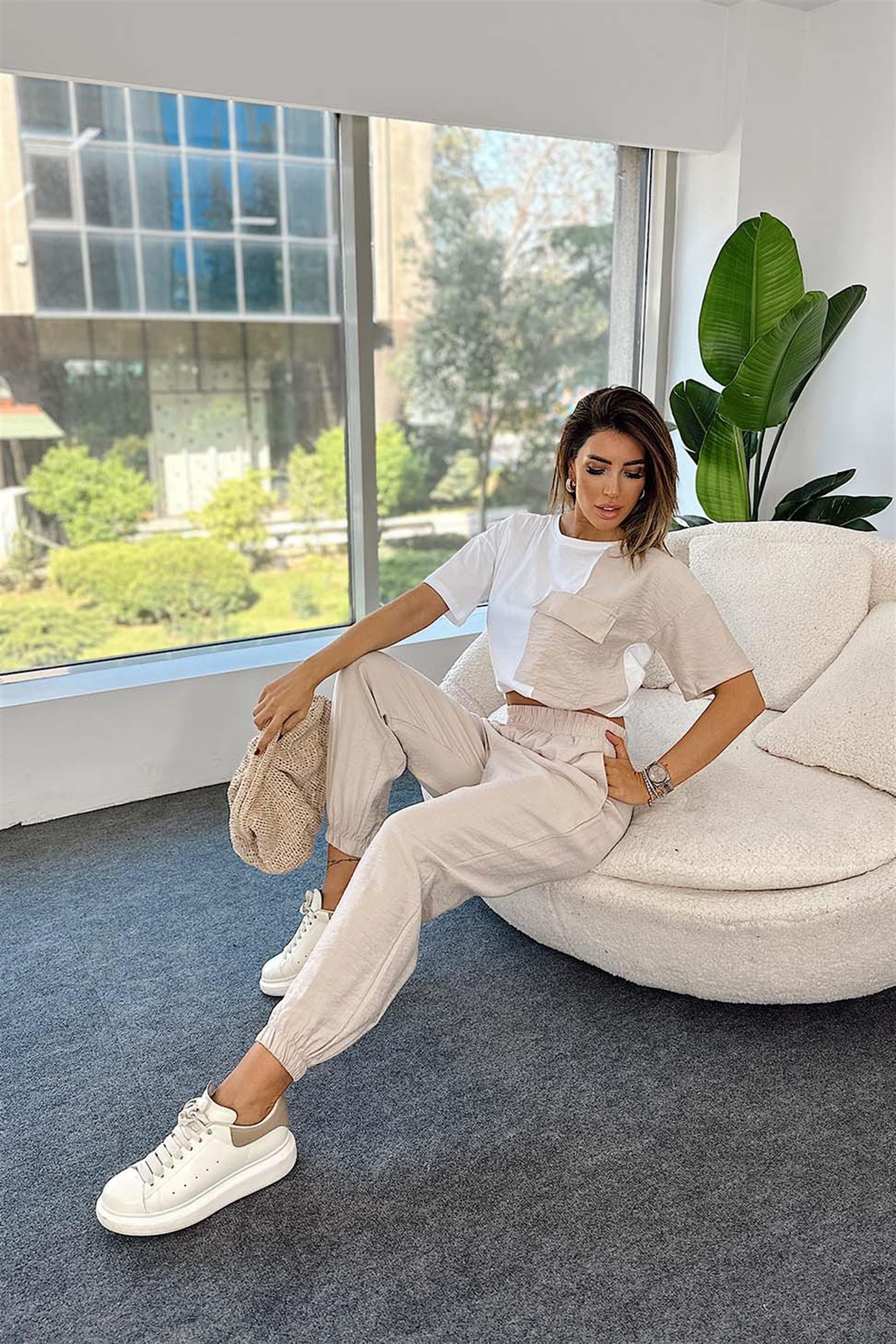 Krep Kumaş Cep Ve Lastik Detay İkili Kadın Takım Taş