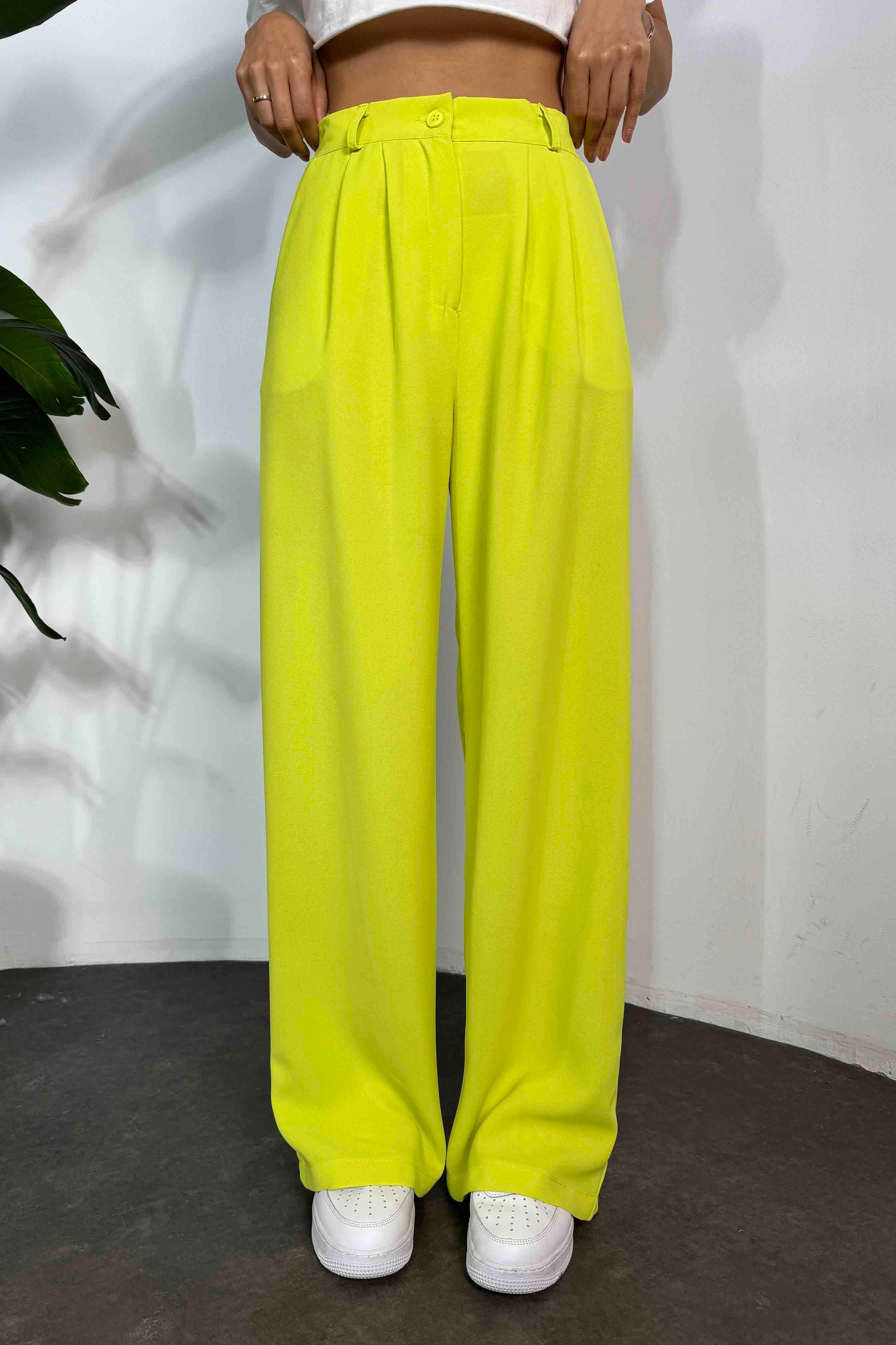 Krep Kumaş Pens Detaylı Palazzo Pantolon Limon Küfü