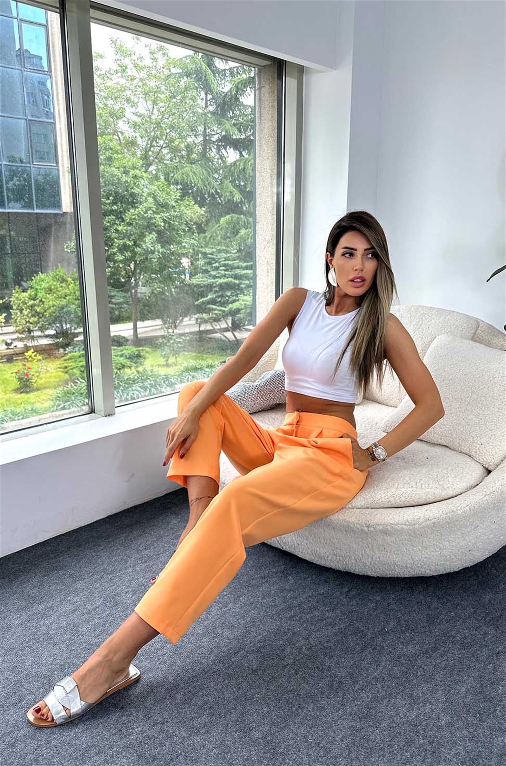 Krep Kumaş Pile Dikiş Detay Beli Lastikli Havuç Pantolon Kavun İçi