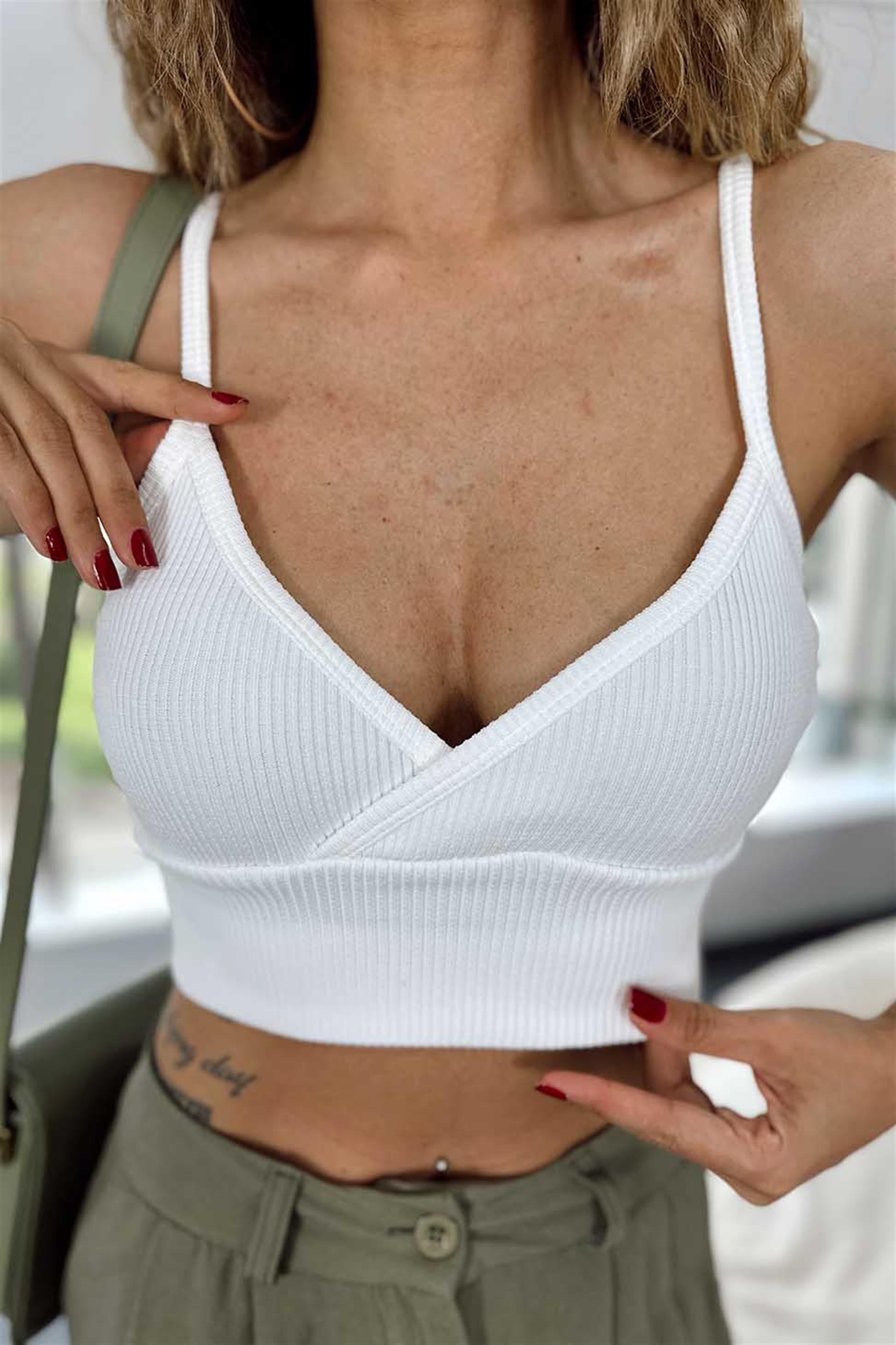 Kruvaze Askılı Fitilli Crop Beyaz