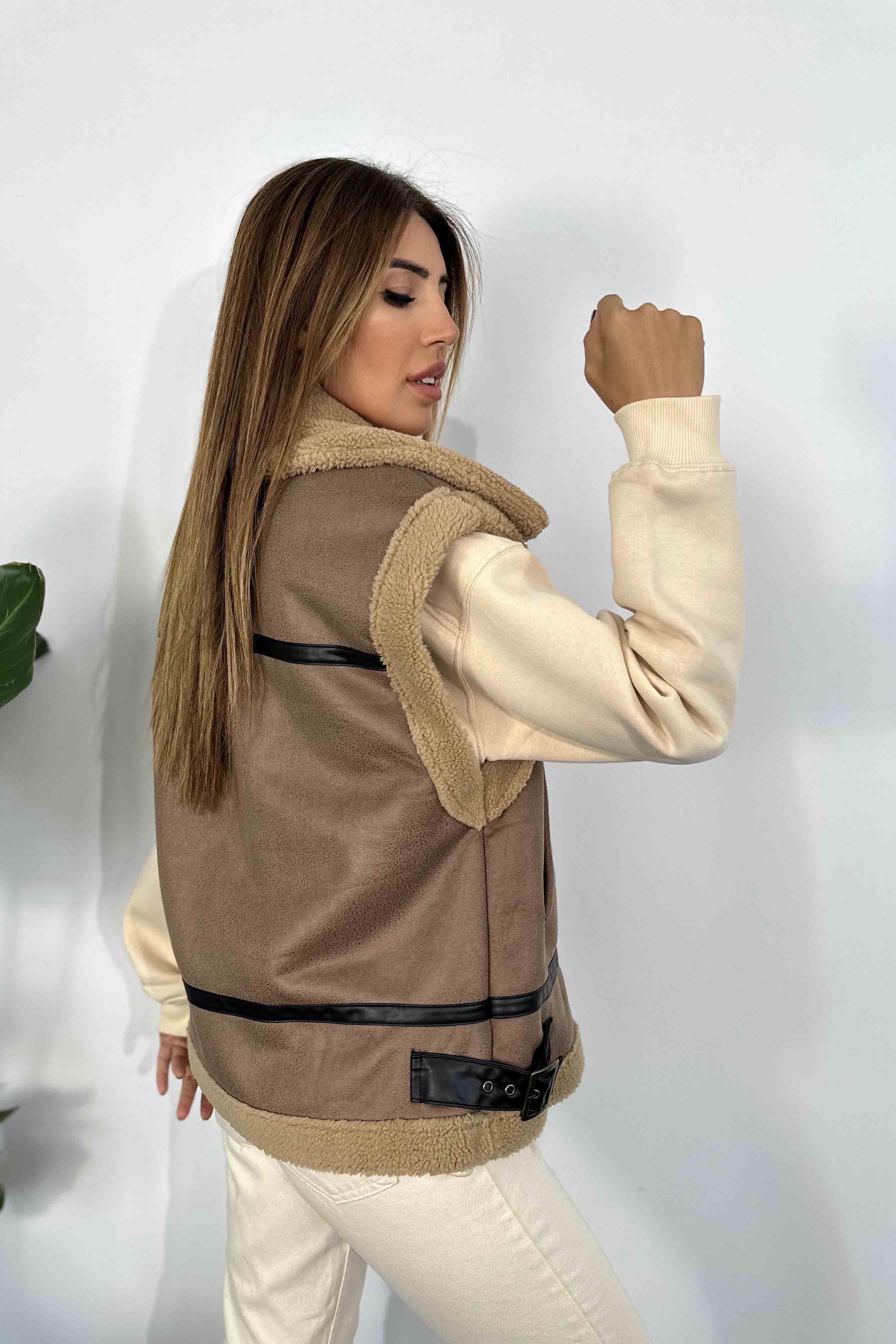 Kürk Detaylı Nubuk Yelek Kahve