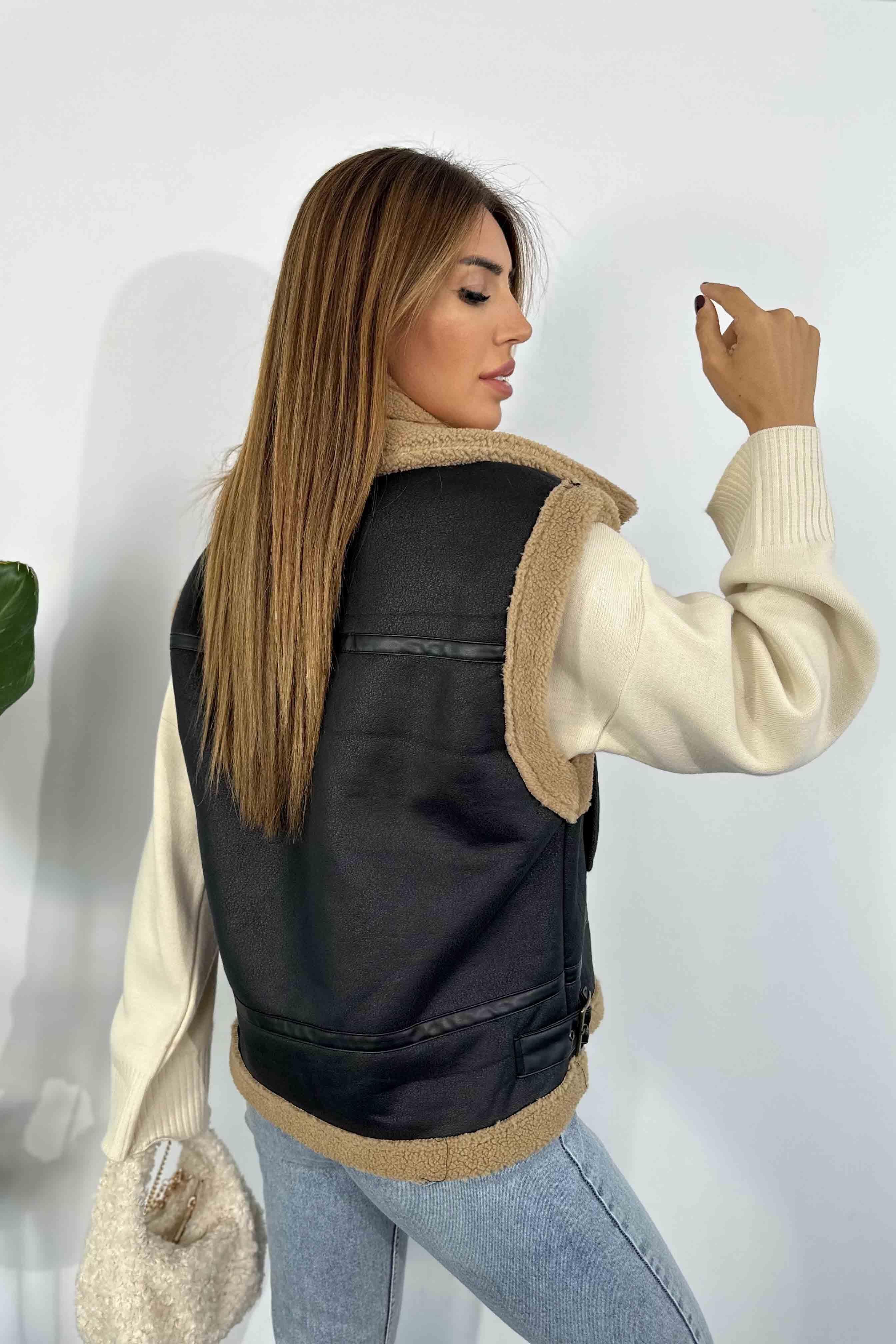 Kürk Detaylı Nubuk Yelek Siyah