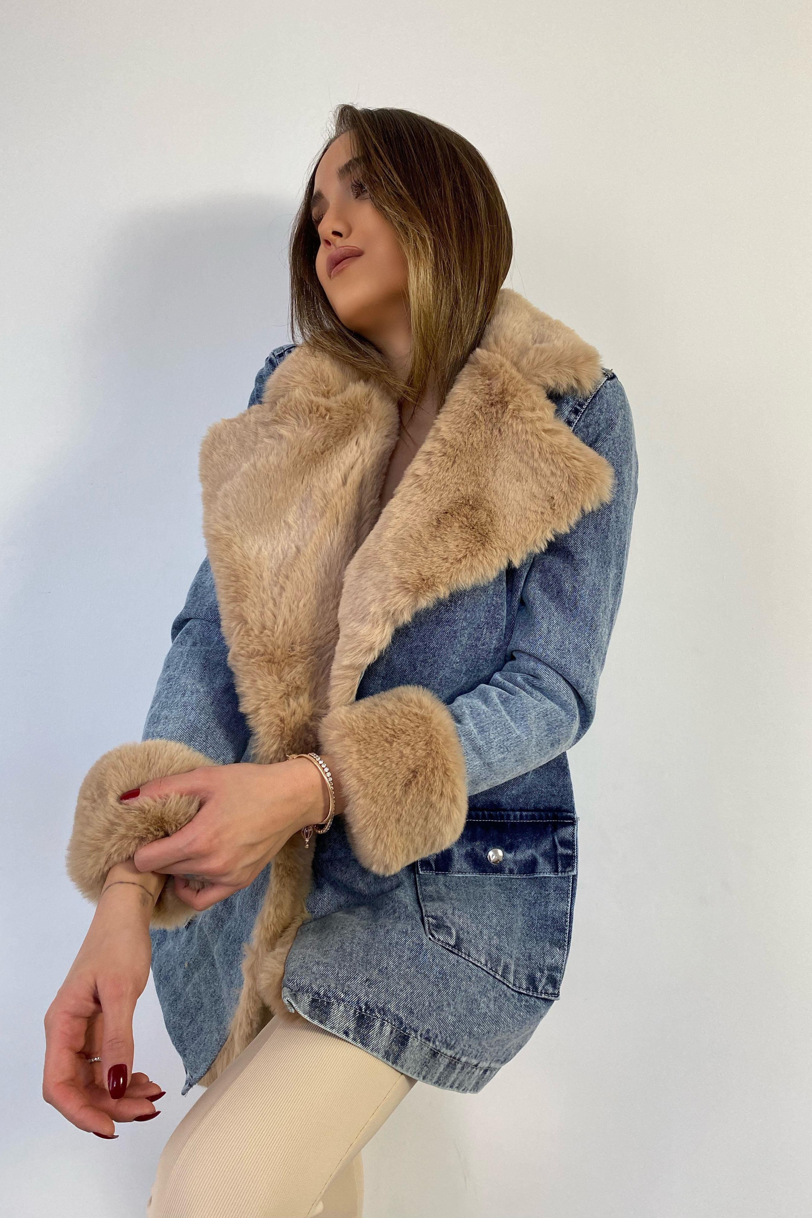 Kürklü Denim Kadın Uzun Mont Mavi
