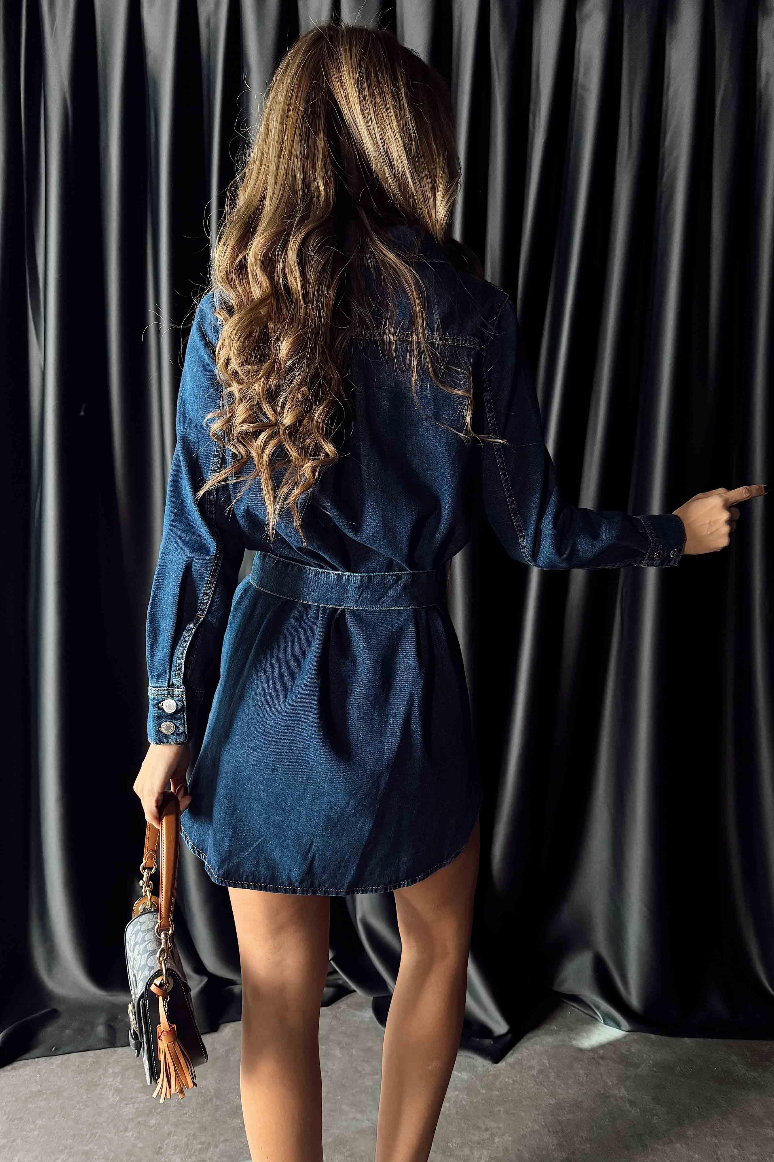 Kuşak Bağlamalı Denim Gömlek Elbise Koyu Mavi