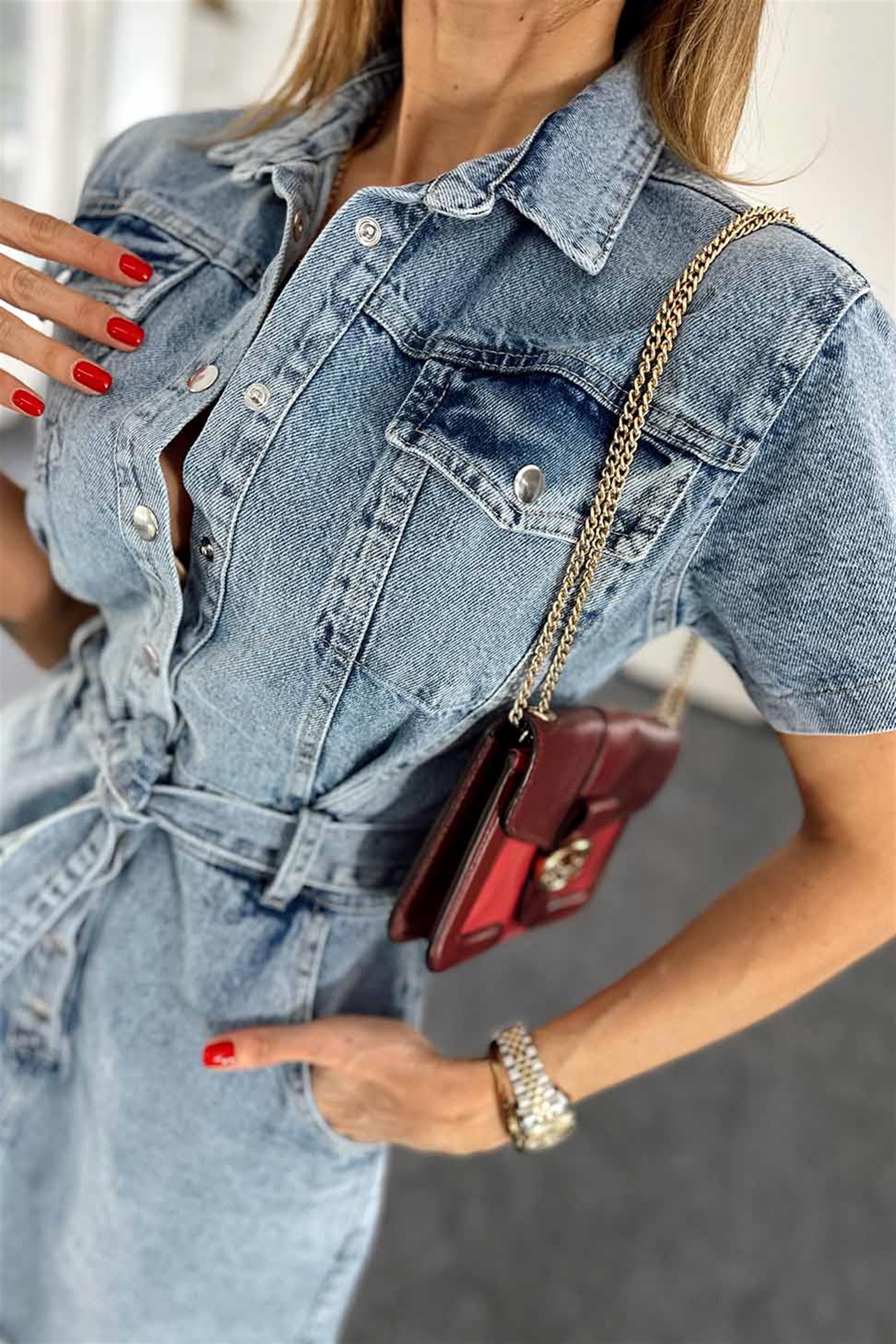 Kuşaklı Çıtçıtlı Kar Yıkamalı Denim Elbise Mavi