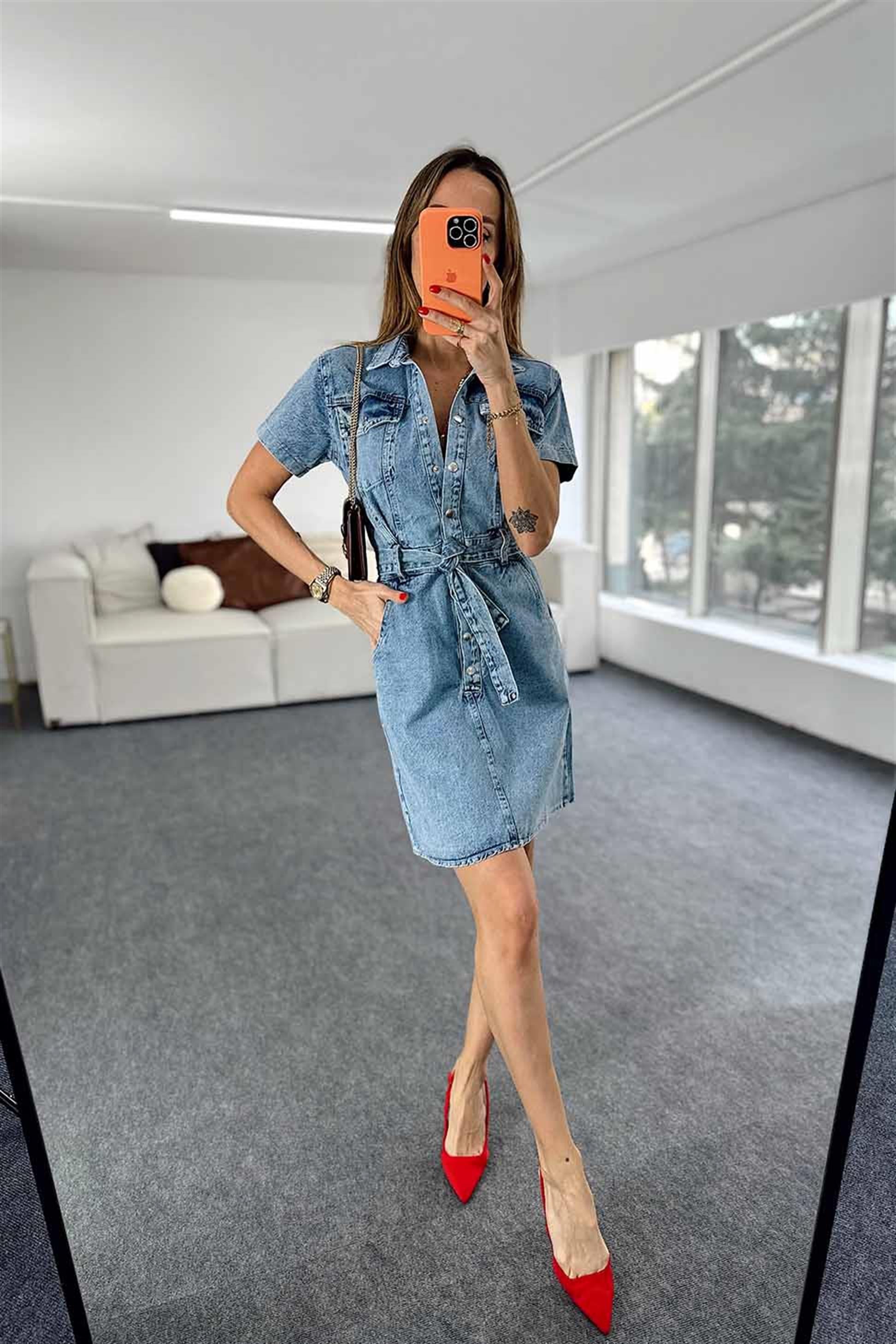 Kuşaklı Çıtçıtlı Kar Yıkamalı Denim Elbise Mavi