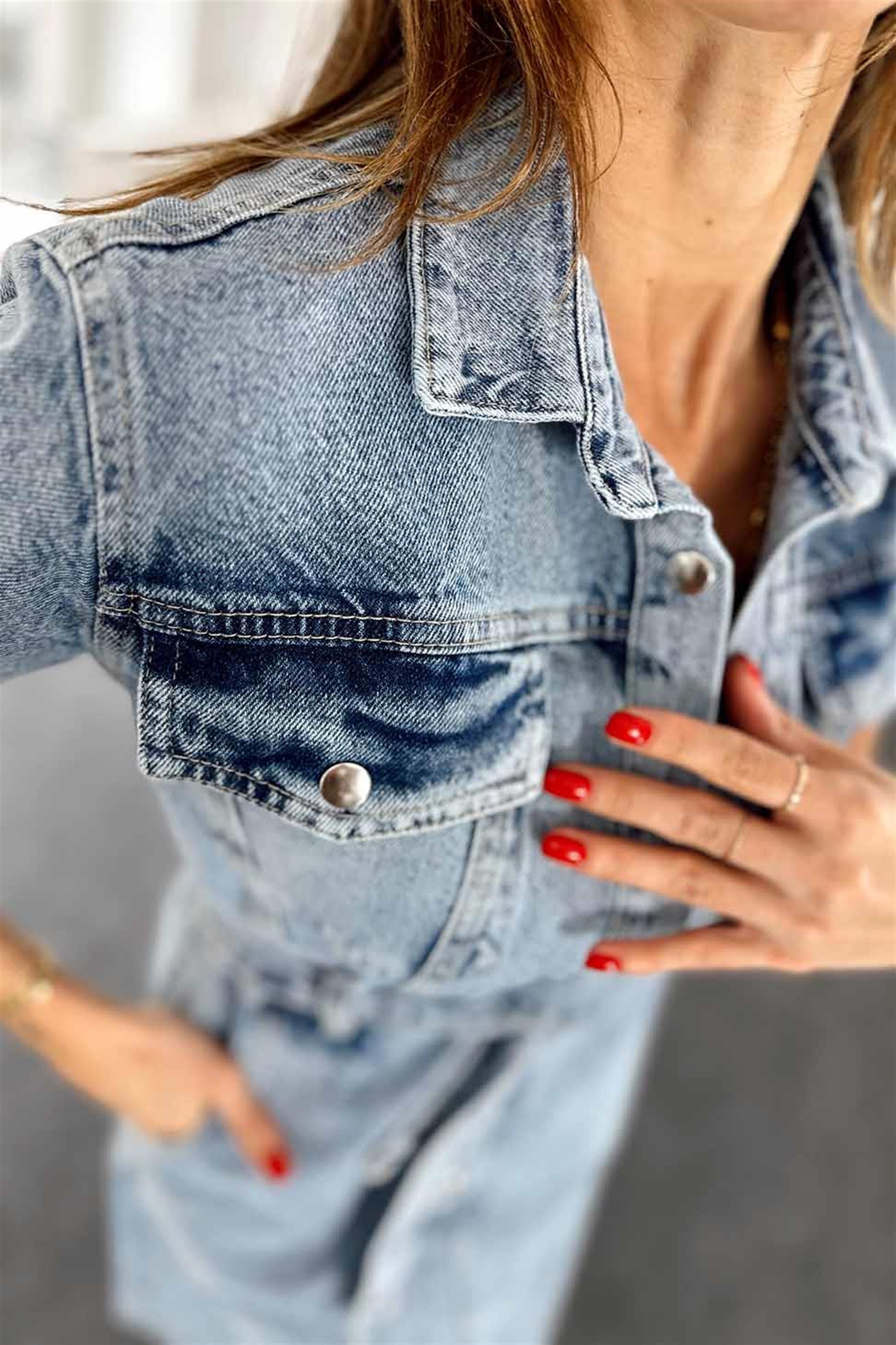 Kuşaklı Çıtçıtlı Kar Yıkamalı Denim Elbise Mavi