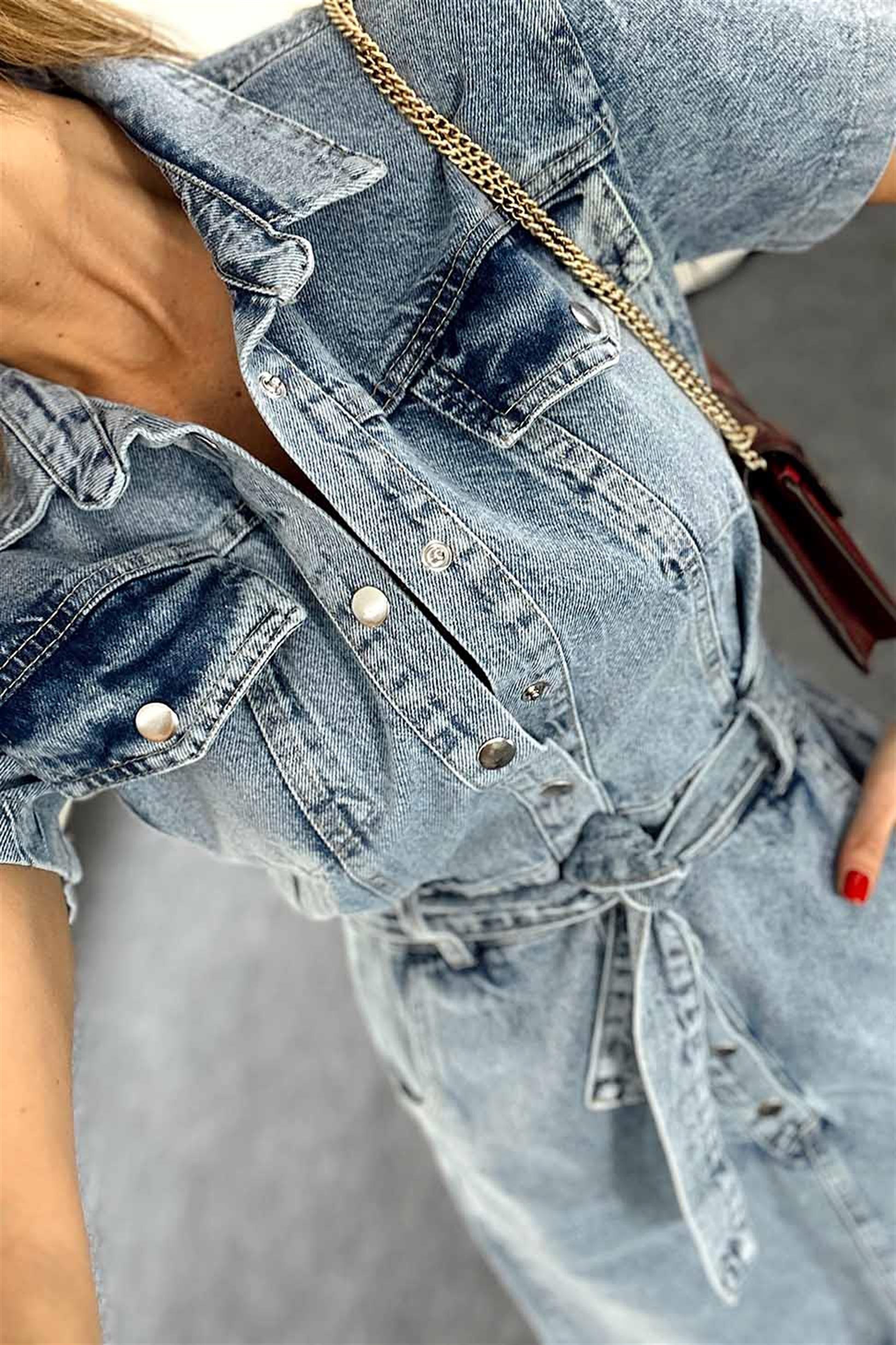 Kuşaklı Çıtçıtlı Kar Yıkamalı Denim Elbise Mavi