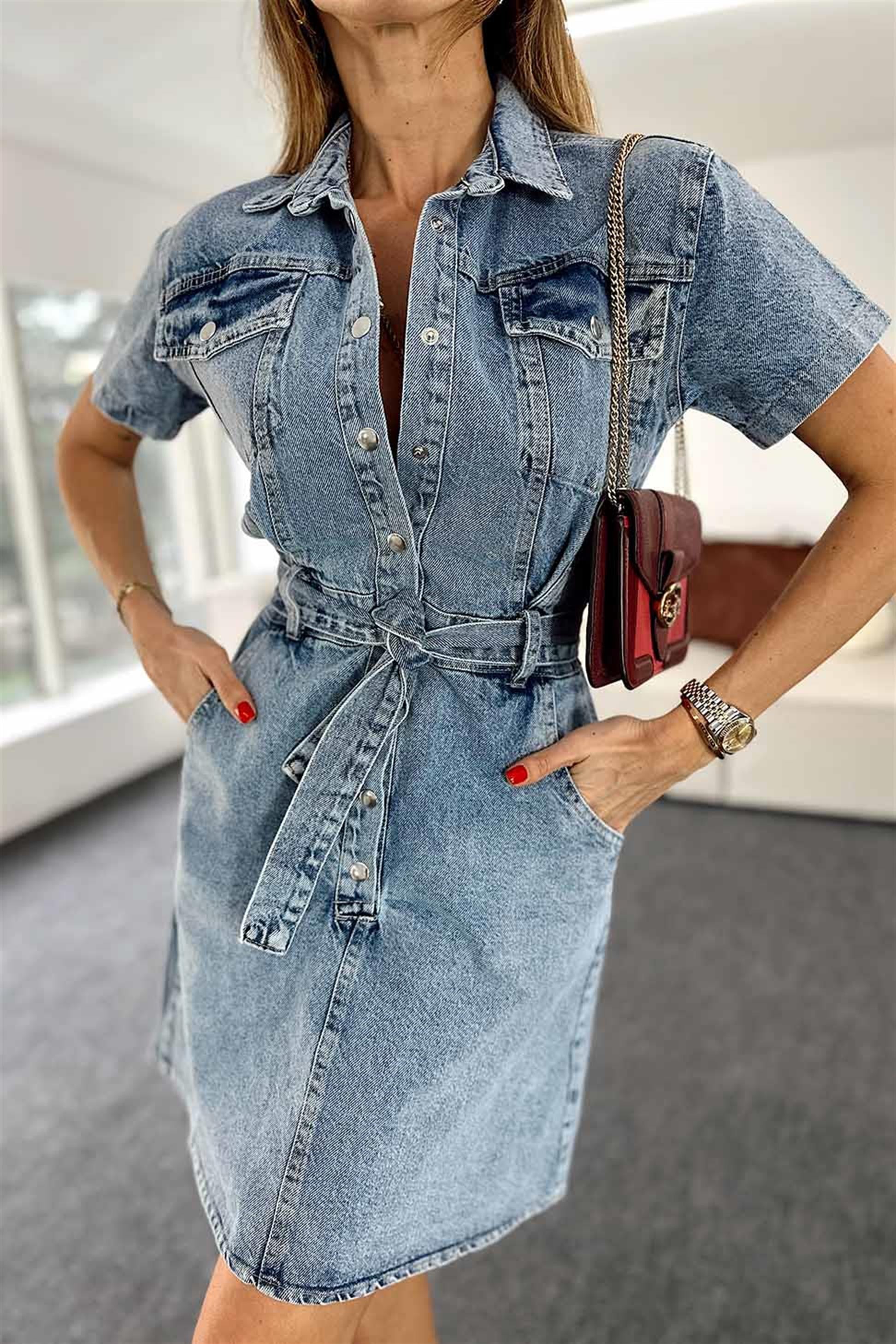 Kuşaklı Çıtçıtlı Kar Yıkamalı Denim Elbise Mavi