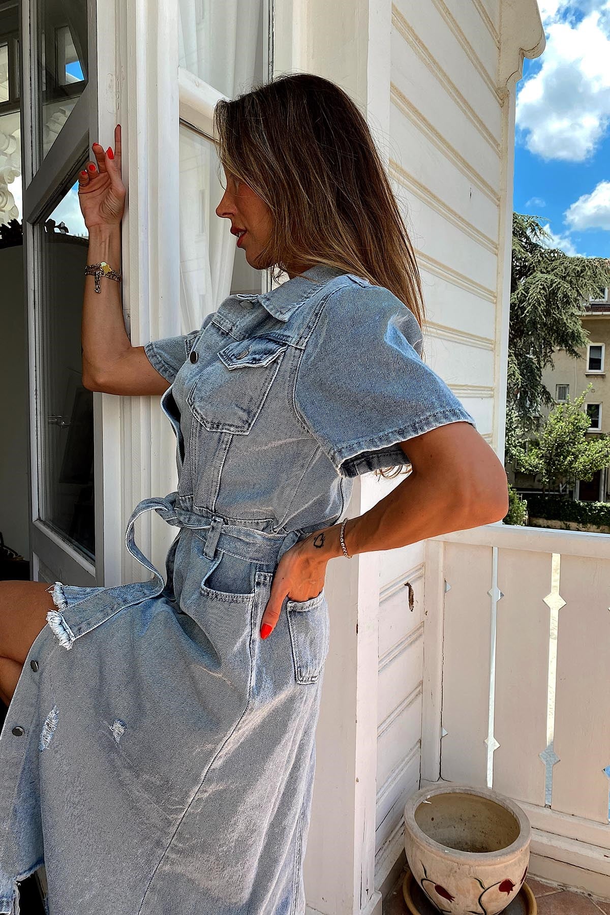 Kuşaklı Denim Elbise