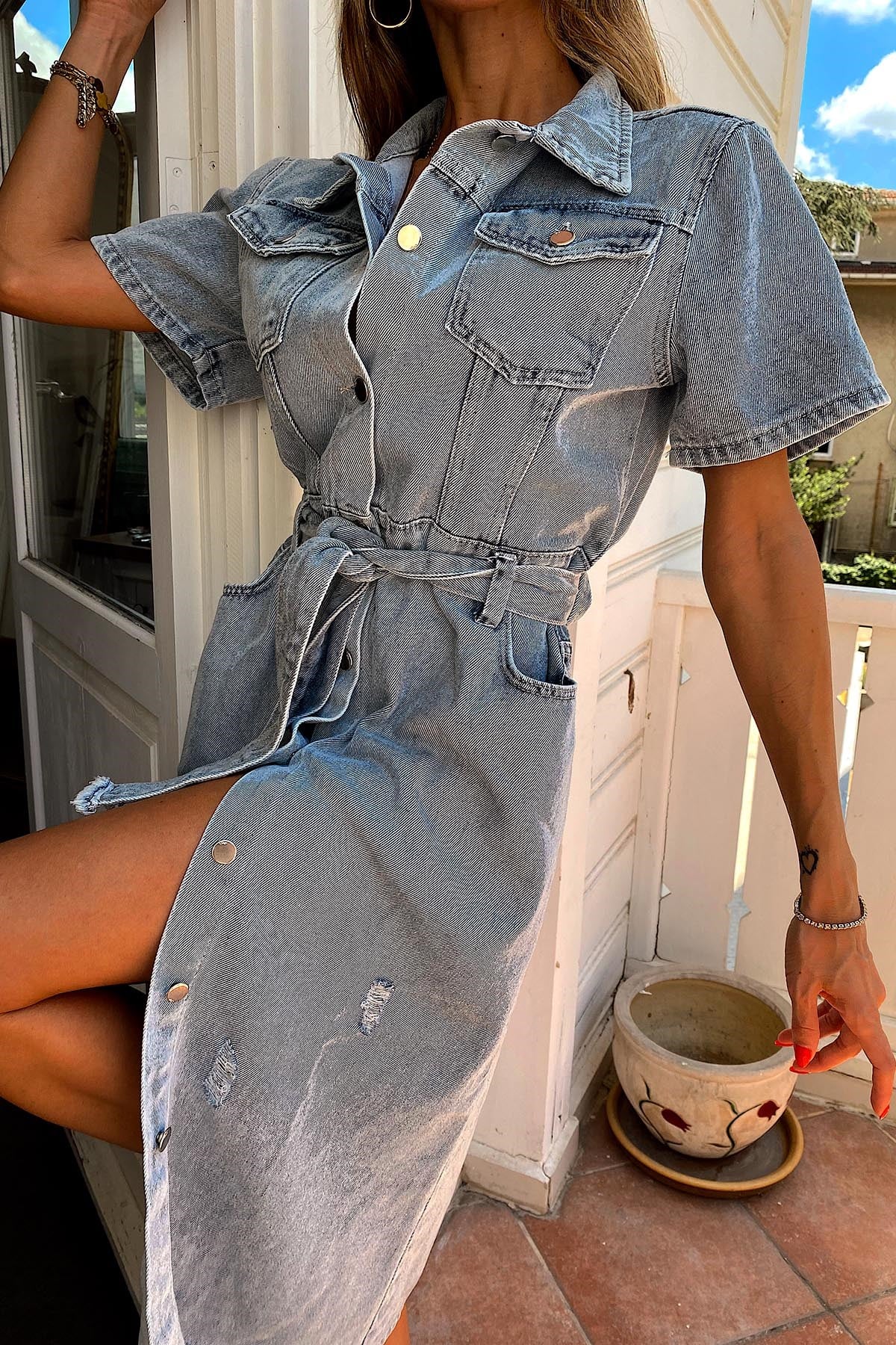 Kuşaklı Denim Elbise