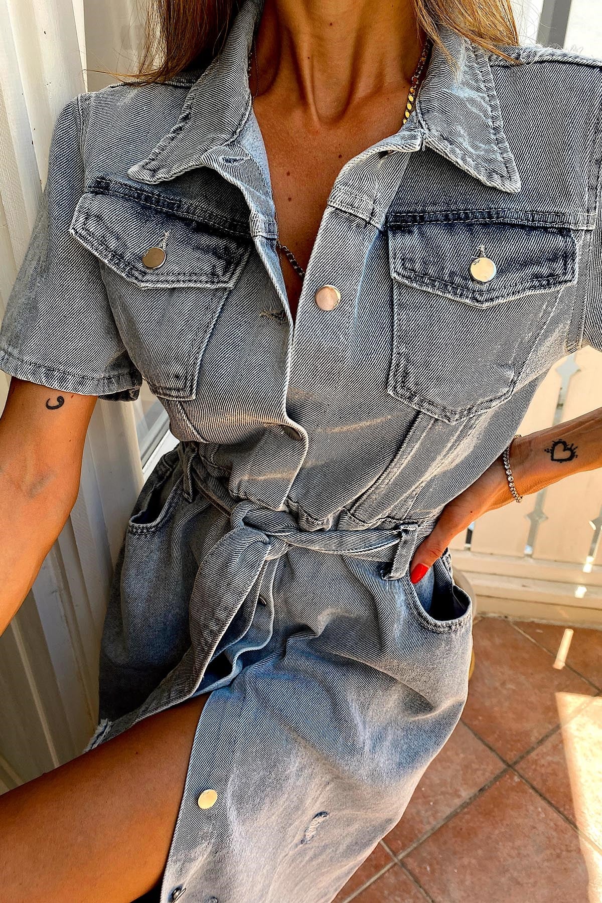 Kuşaklı Denim Elbise