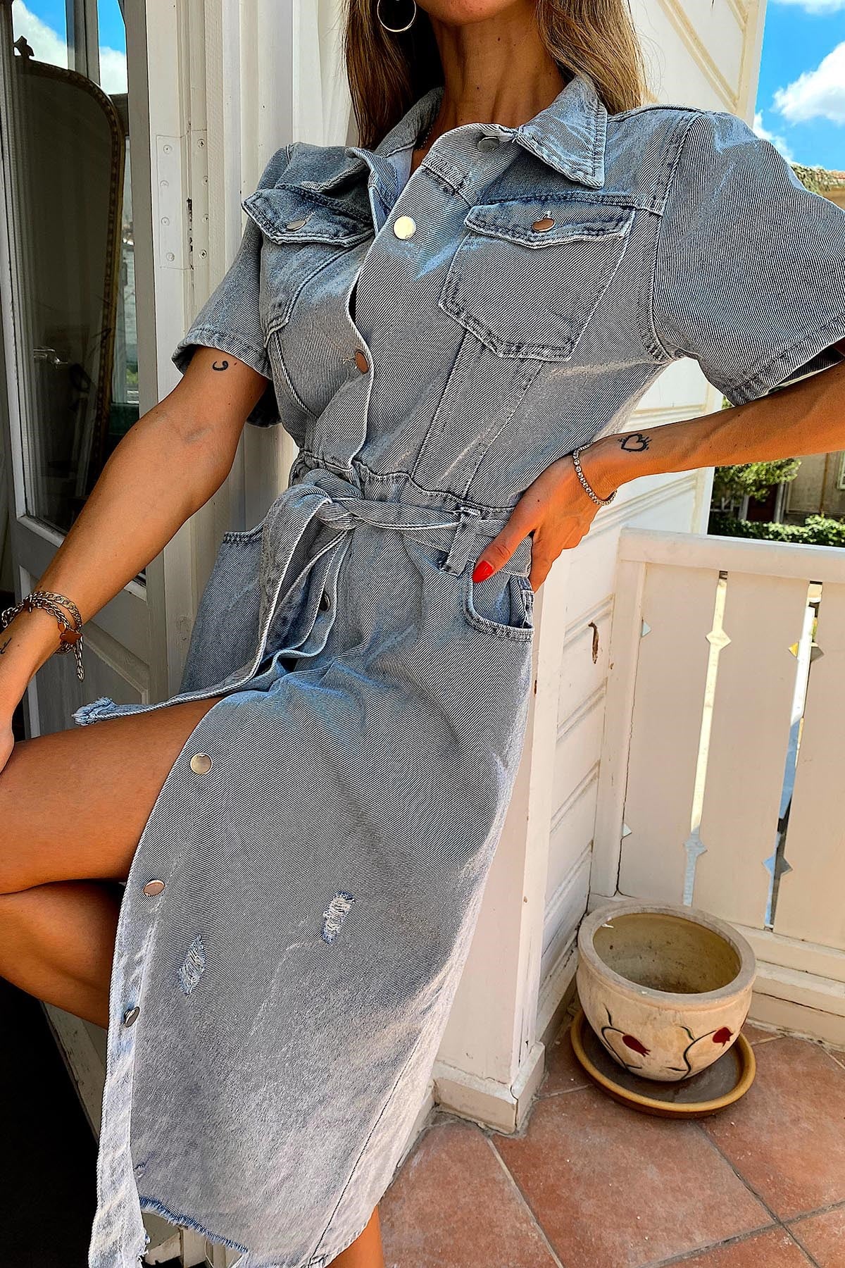 Kuşaklı Denim Elbise