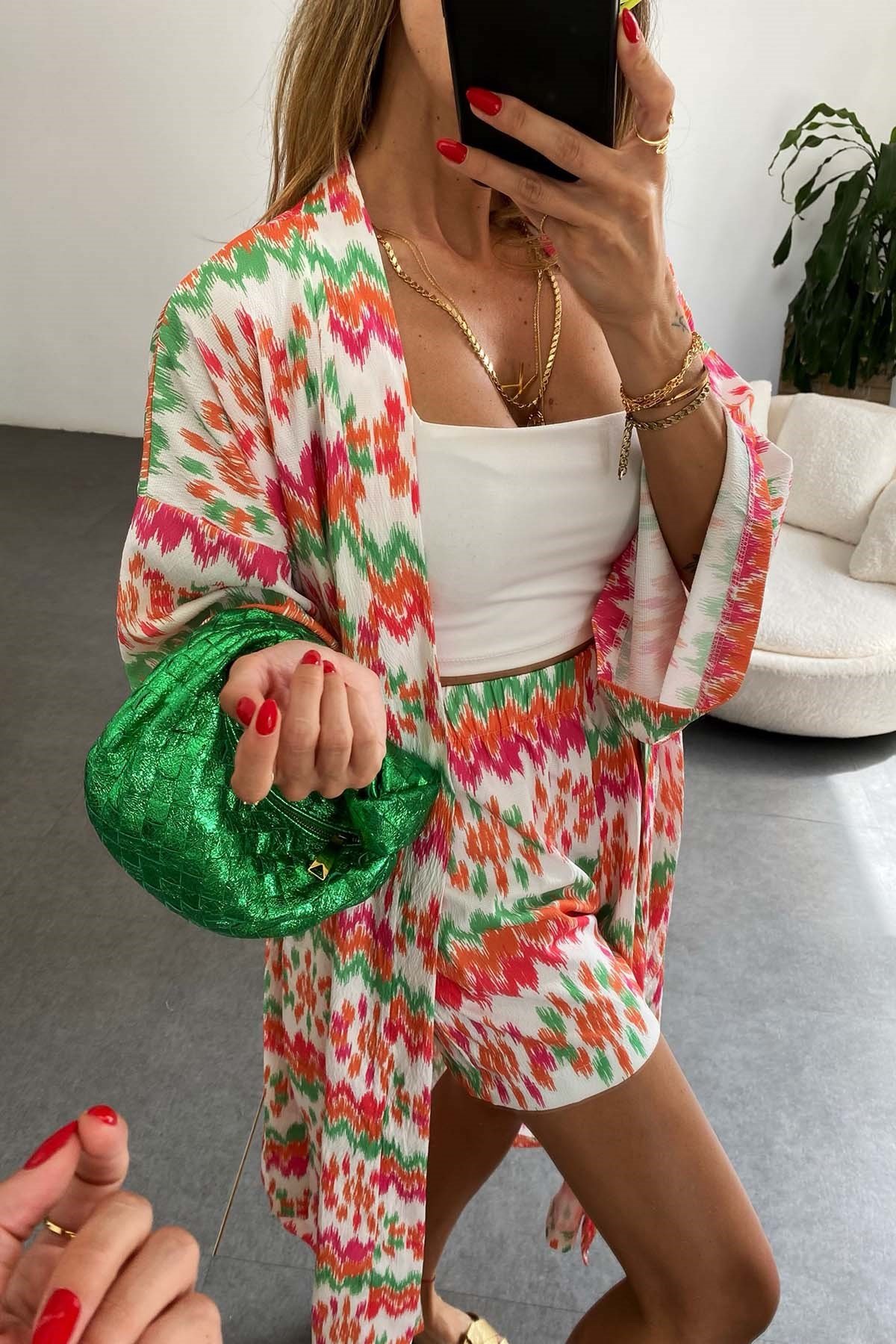 Kuşaklı Krep Kumaş Kimono Şort Takım Turuncu
