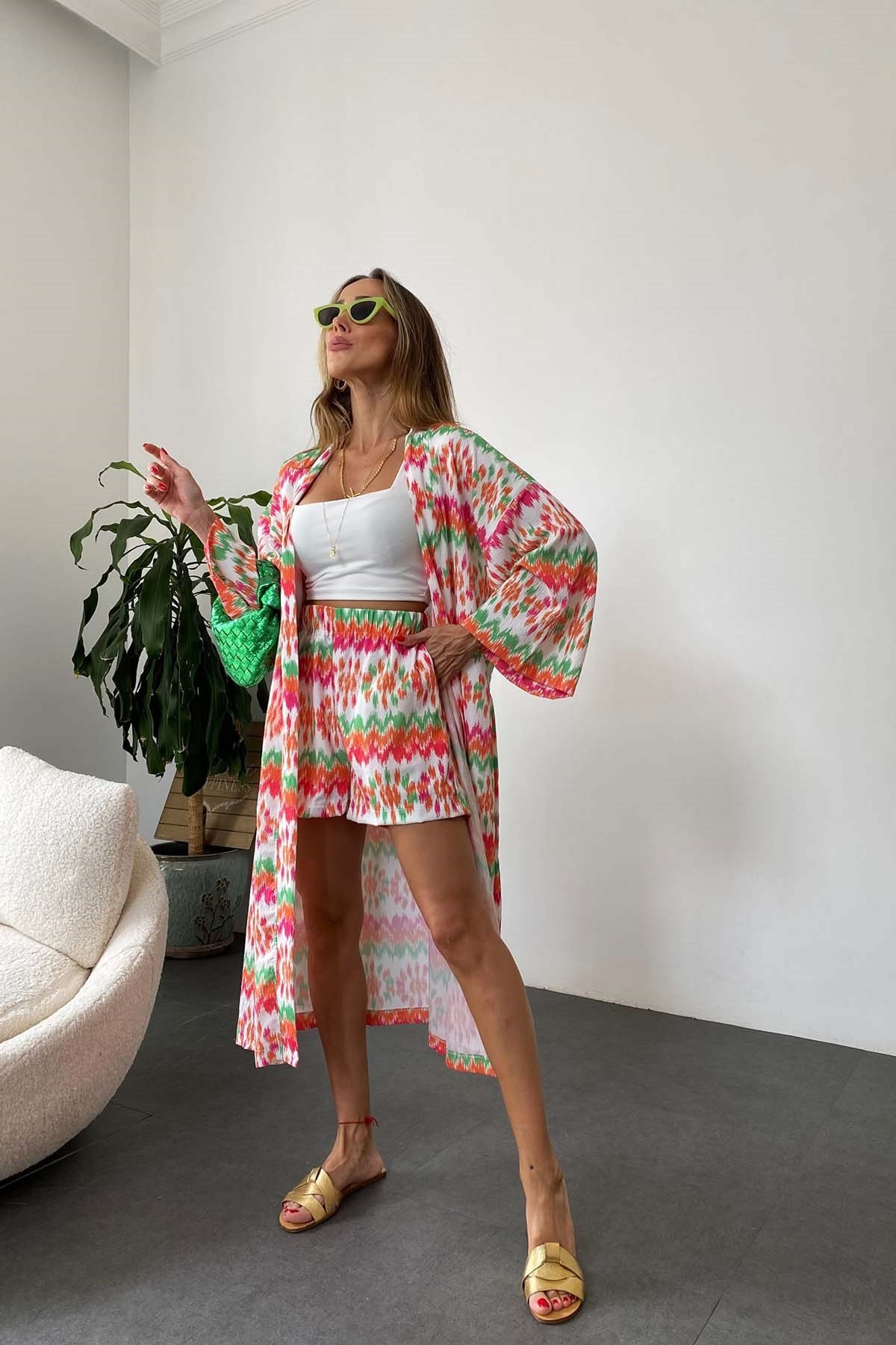 Kuşaklı Krep Kumaş Kimono Şort Takım Turuncu