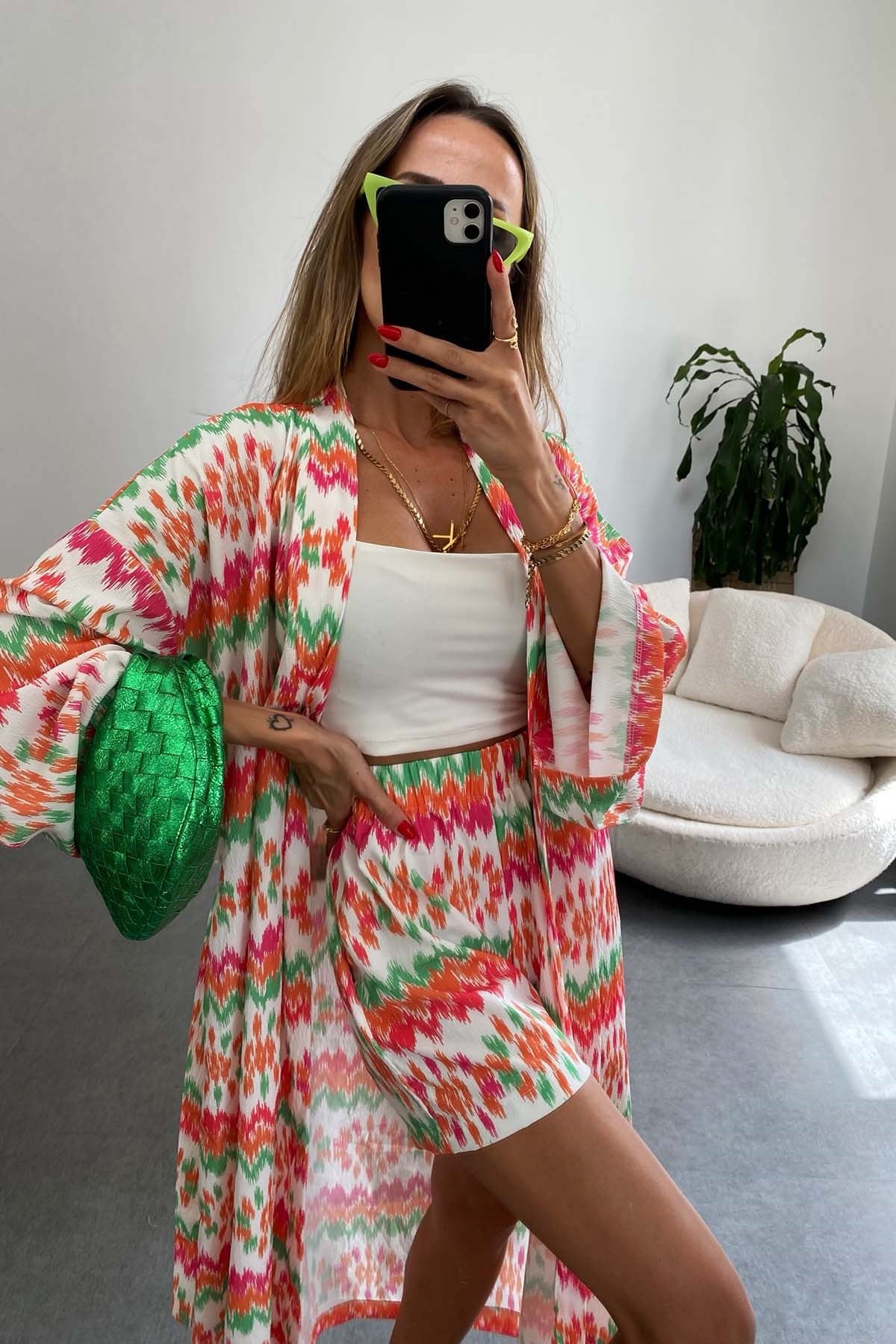 Kuşaklı Krep Kumaş Kimono Şort Takım Turuncu