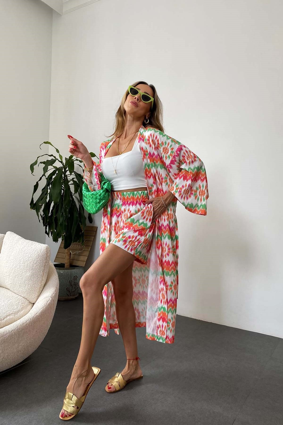Kuşaklı Krep Kumaş Kimono Şort Takım Turuncu