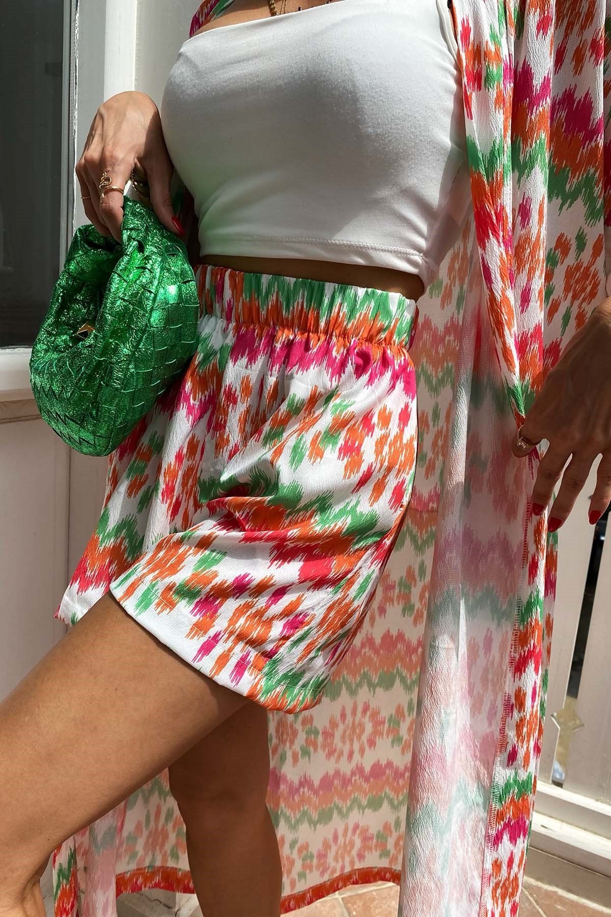 Kuşaklı Krep Kumaş Kimono Şort Takım Turuncu