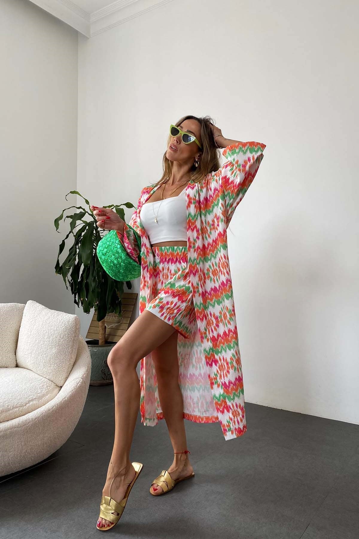 Kuşaklı Krep Kumaş Kimono Şort Takım Turuncu