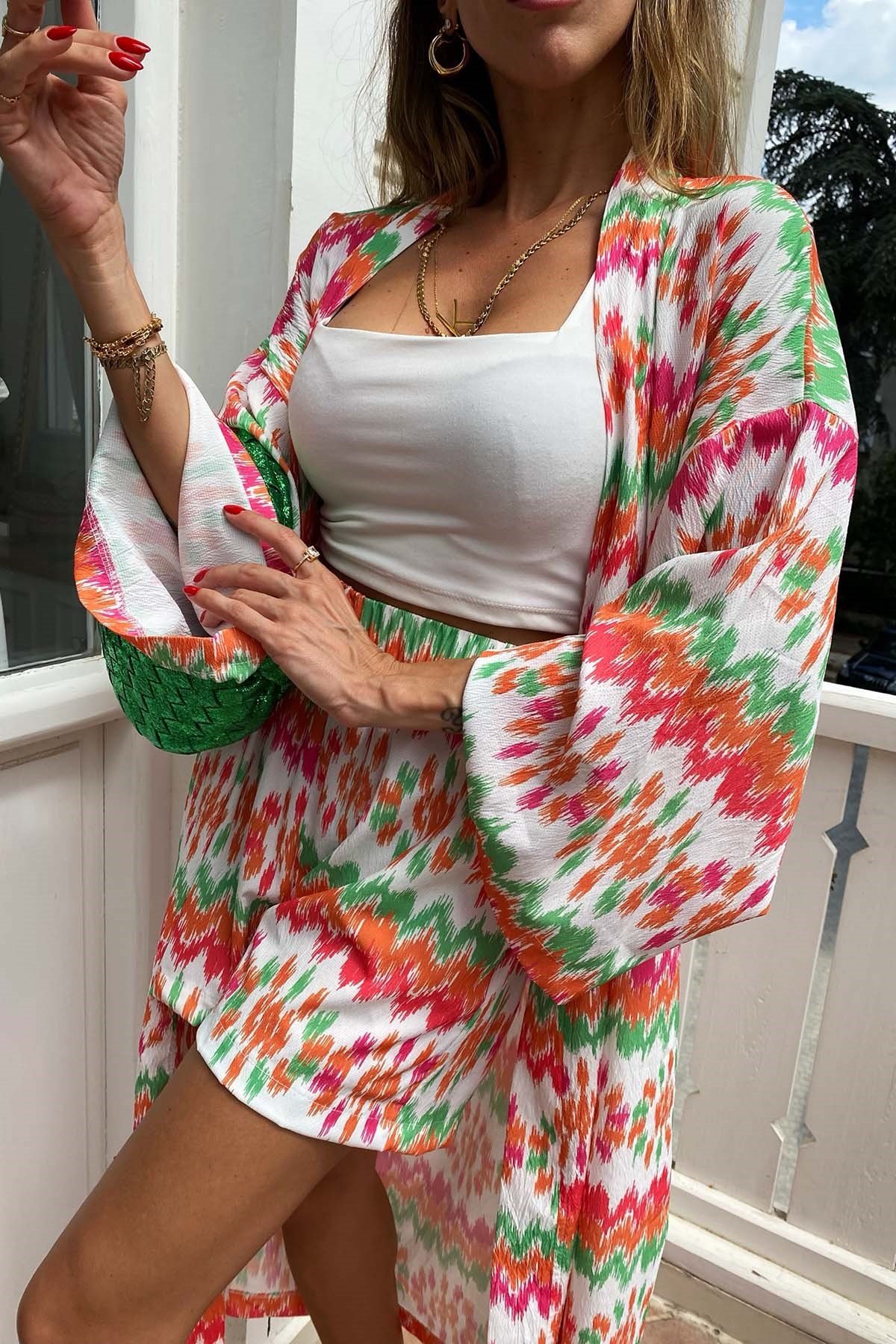 Kuşaklı Krep Kumaş Kimono Şort Takım Turuncu