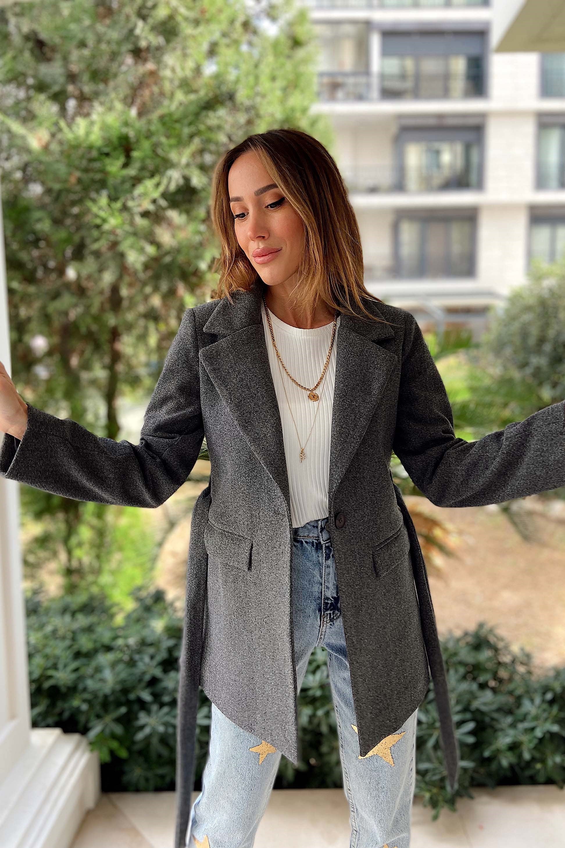 Kuşaklı Tasarım Kaşe Ceket Blazer Antrasit