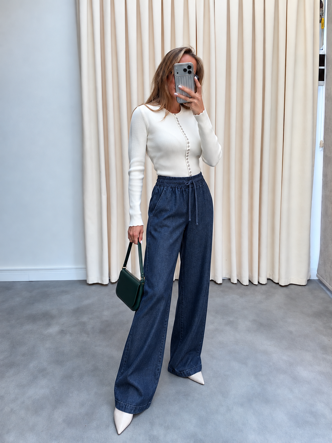 Lacivert Beli Lastik ve İp Detaylı Tensel Jean Palazzo
