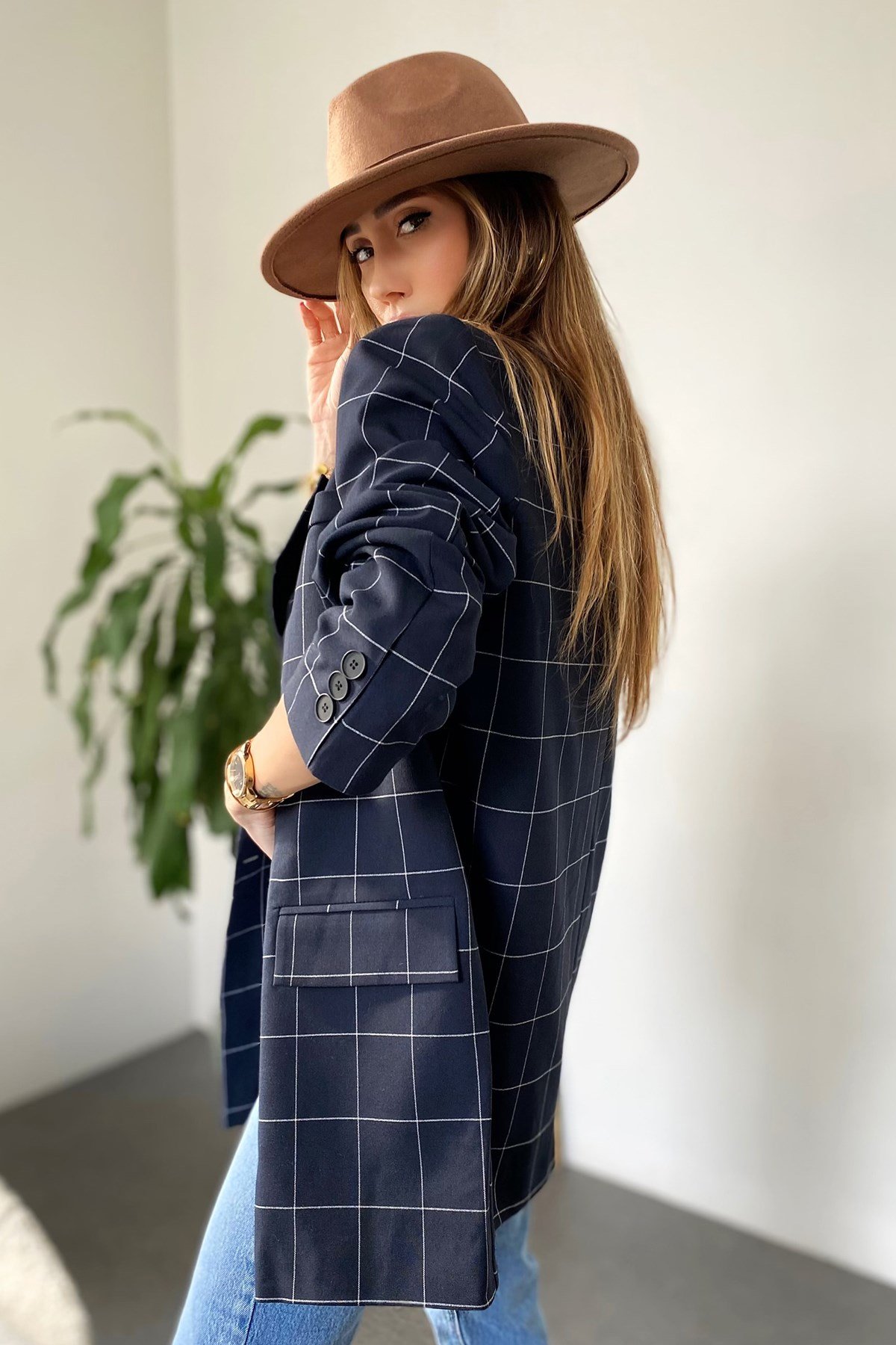 Lacivert İnce Çizgi Detay Malibu Tasarım Blazer Ceket