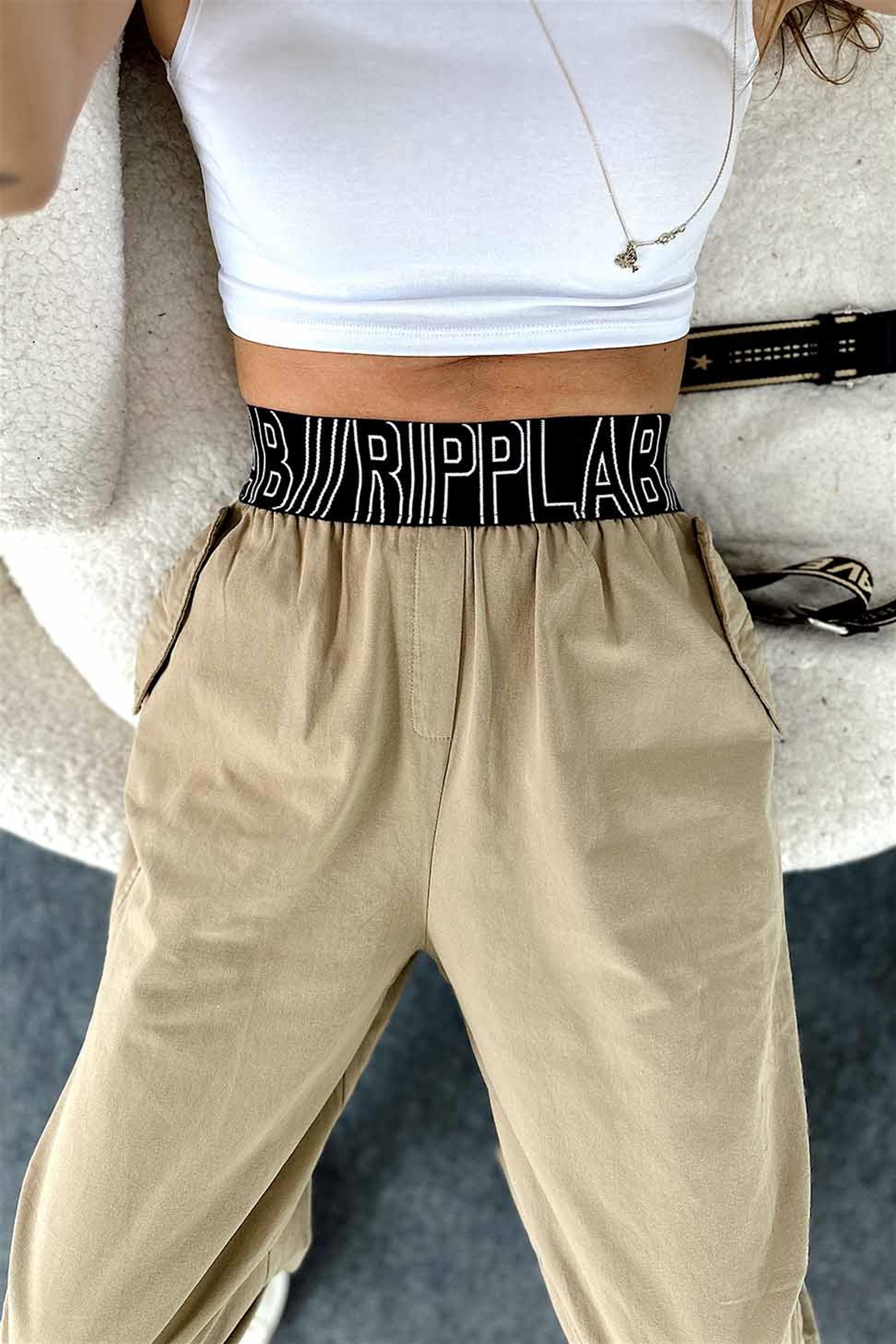Lastik Kemerli Dizi Pensli Tasarım Jogger Pantolon Camel