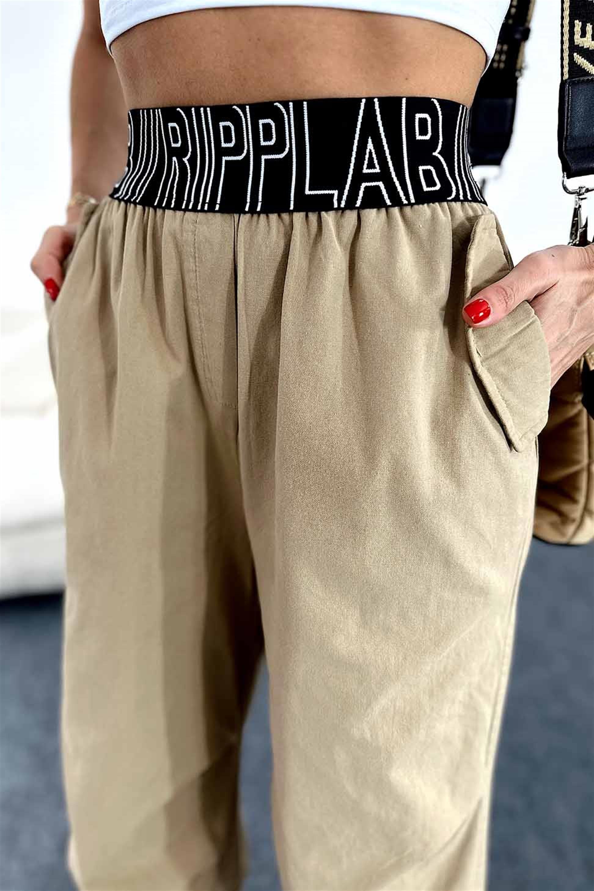 Lastik Kemerli Dizi Pensli Tasarım Jogger Pantolon Camel