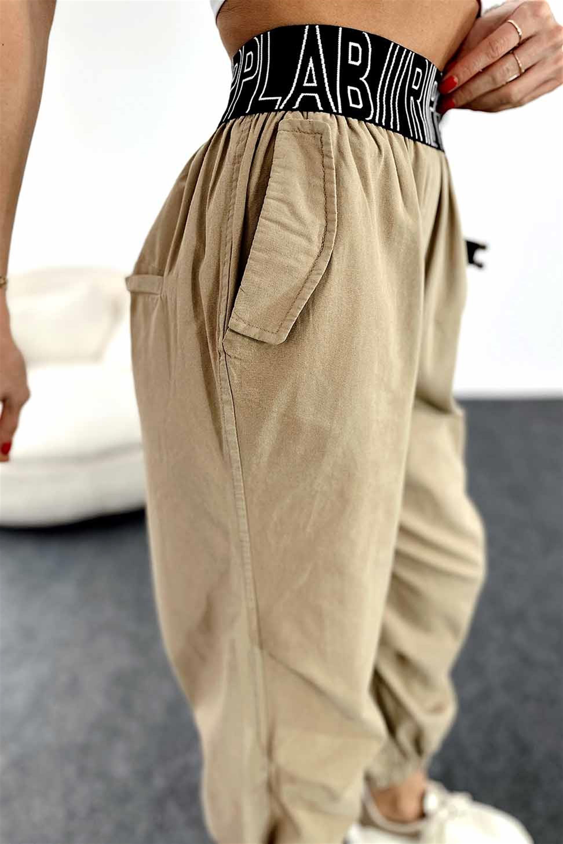 Lastik Kemerli Dizi Pensli Tasarım Jogger Pantolon Camel