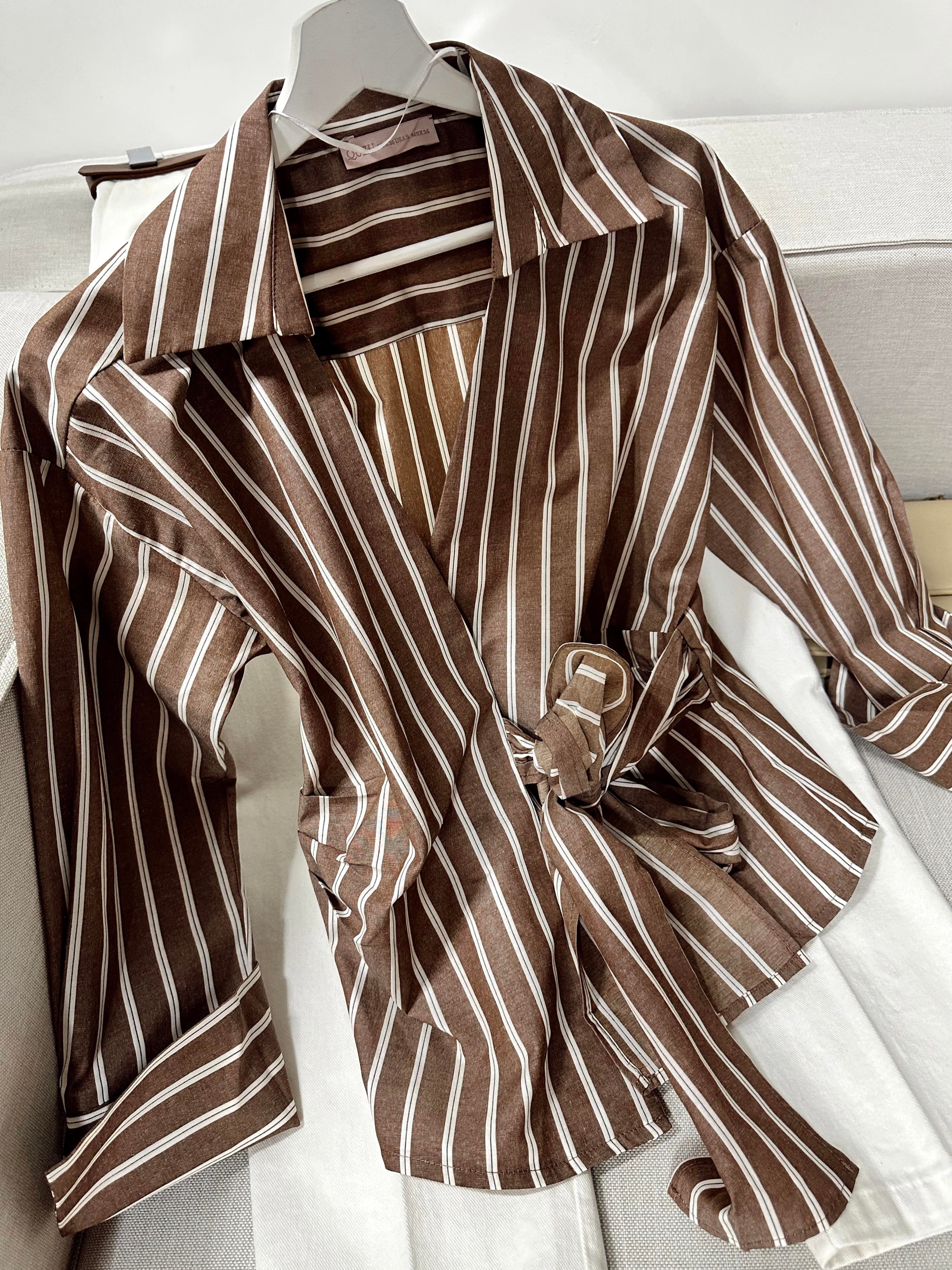 Latte Çizgili Şık Kimono Gömlek