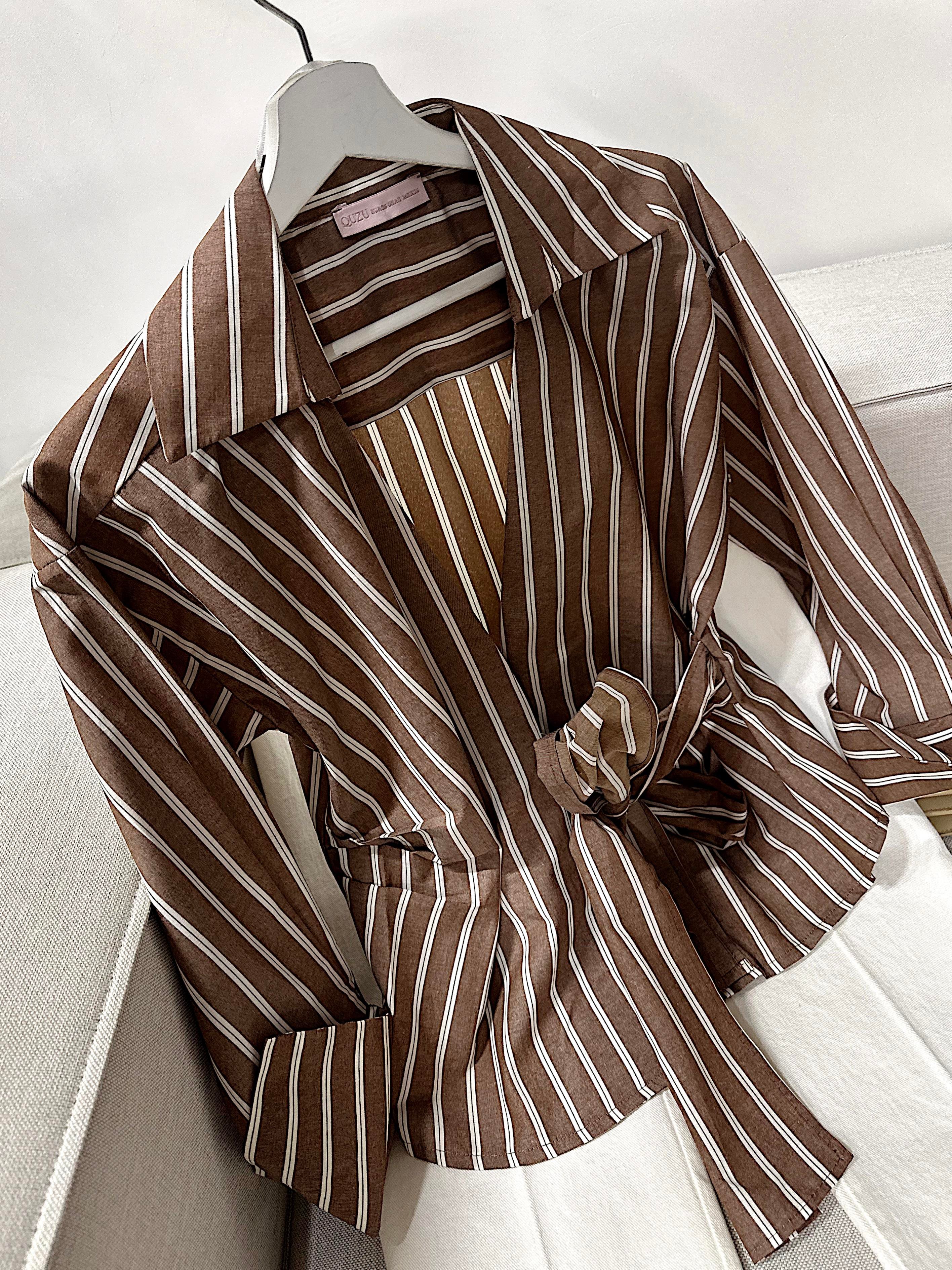 Latte Çizgili Şık Kimono Gömlek